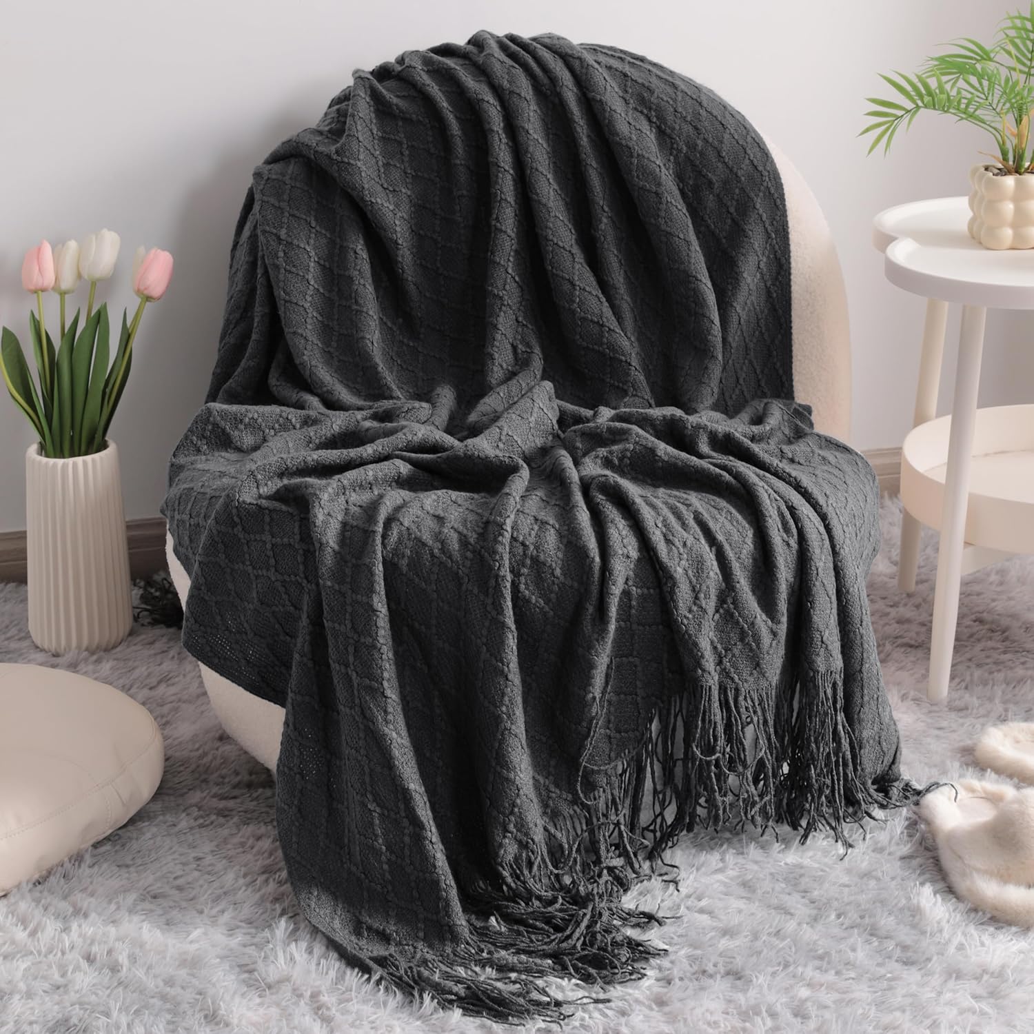 Boho Beige Throw Pillow — 51" — Dark Gery