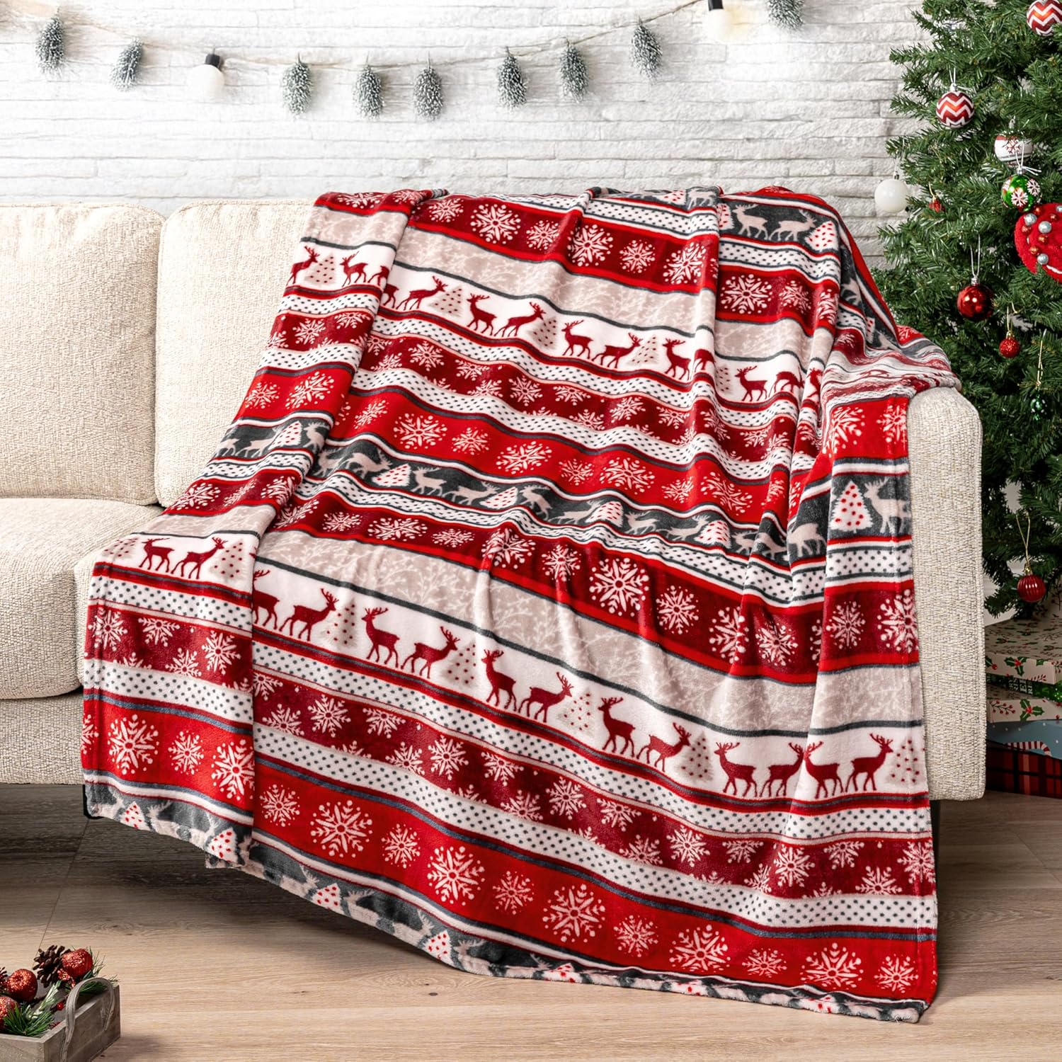 Beige Throw Pillow — 60" — Holiday - Reindeer