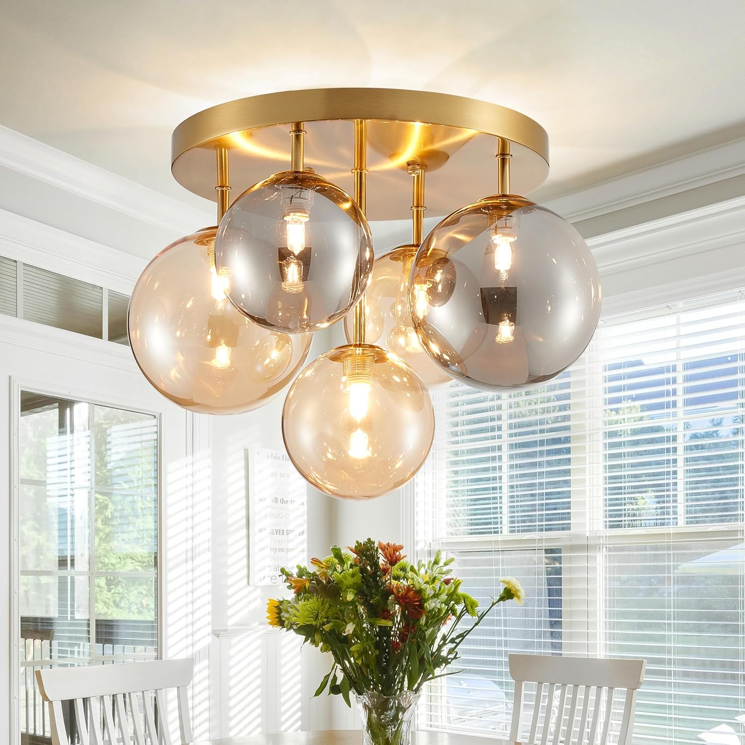 Modern Gold Chandelier — Grey and Champagne with Brass Canopy 5 Lights