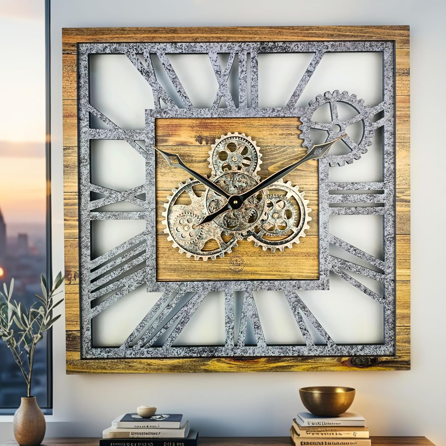 Oversized Farmhouse Beige Wall Clock — 24" — Wood and Stone