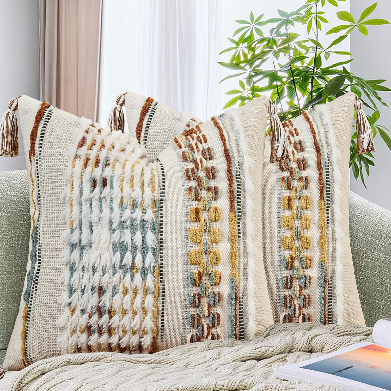 Chenille Boho Beige Throw Pillow Cover — 18" — 18" x 18" (Pack of 2)