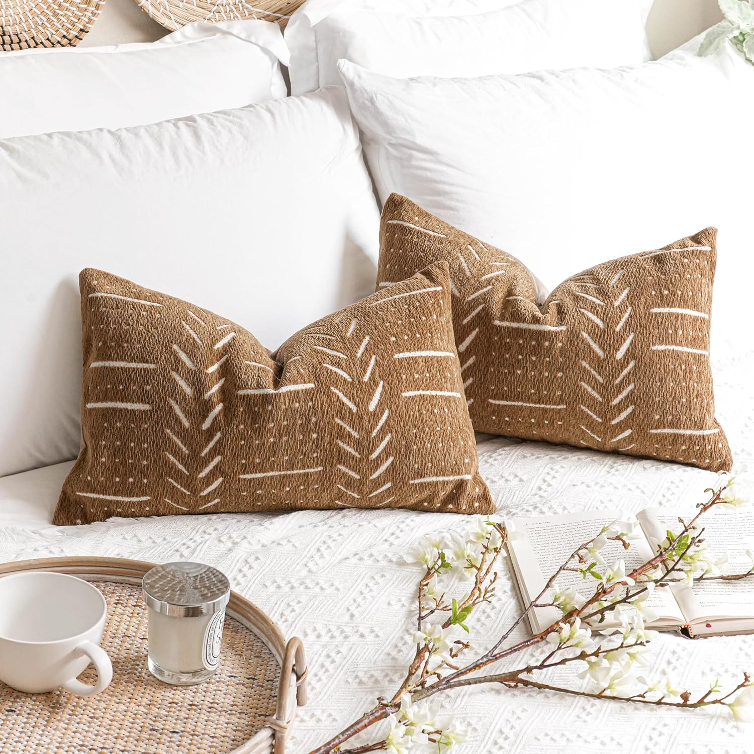 Lumbar Boho Beige Throw Pillow Cover — 20" — 20" x 12" (Pack of 2)