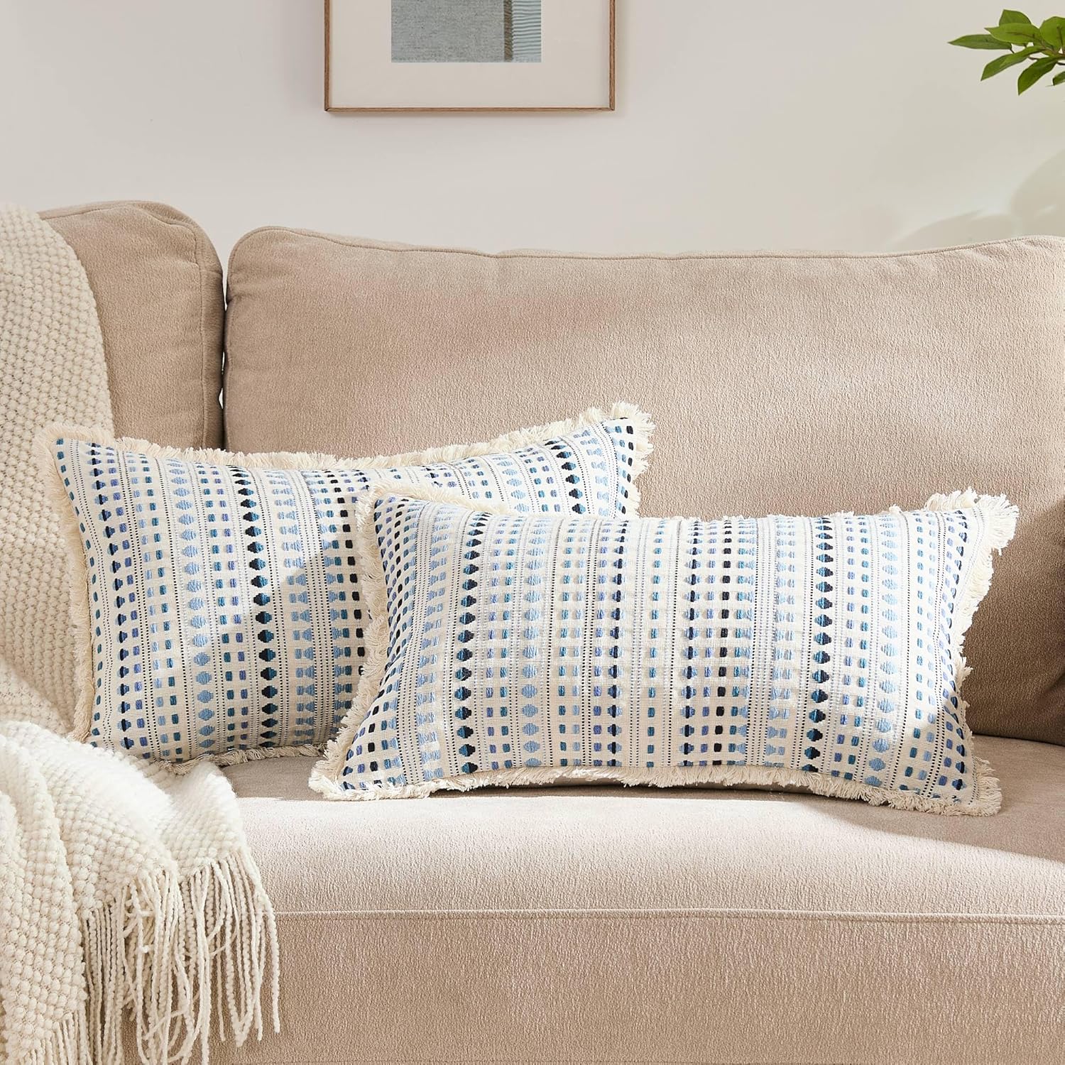 Embroidered Boho Beige Throw Pillow Cover — 20" — Blue
