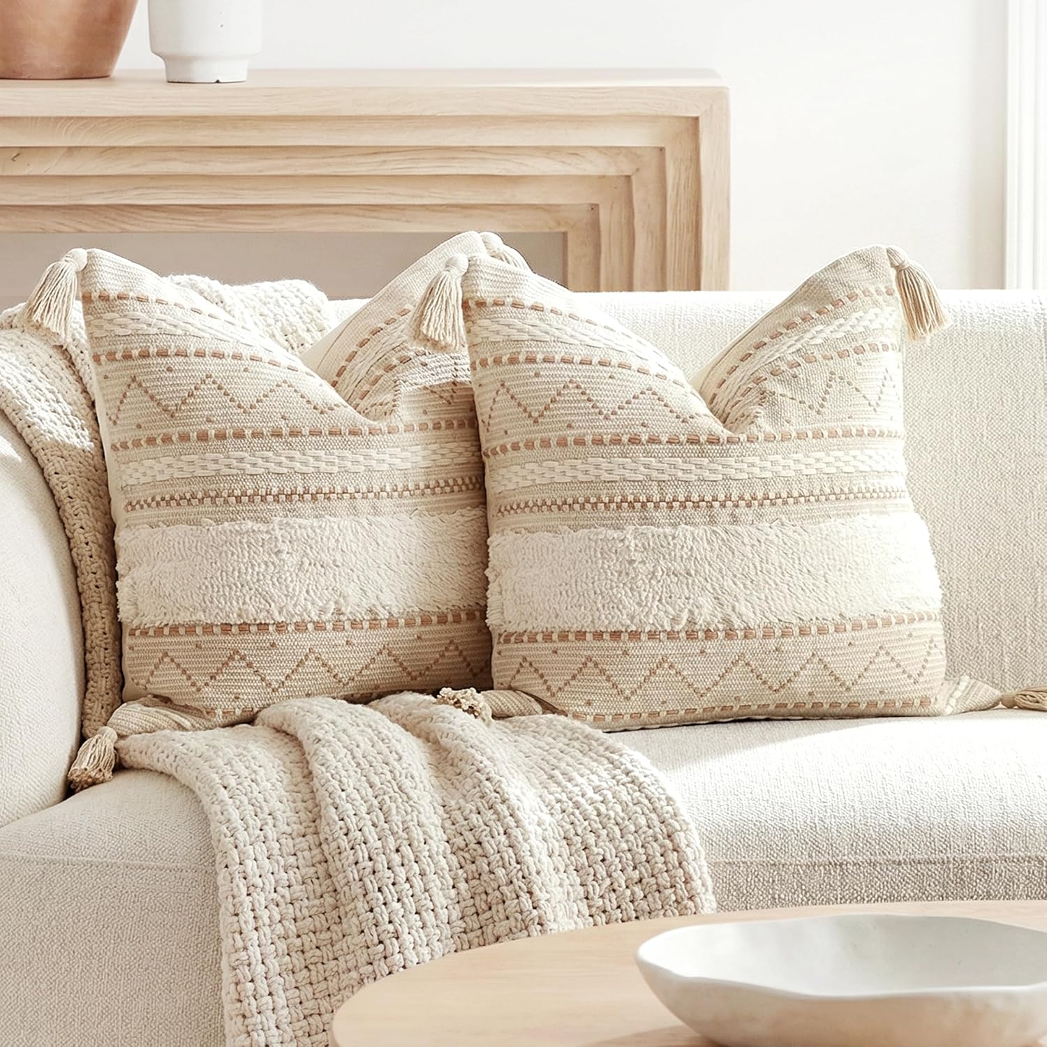 Tufted Boho Beige Pillow Cover — 36" — 20" x 20" (Pack of 2)