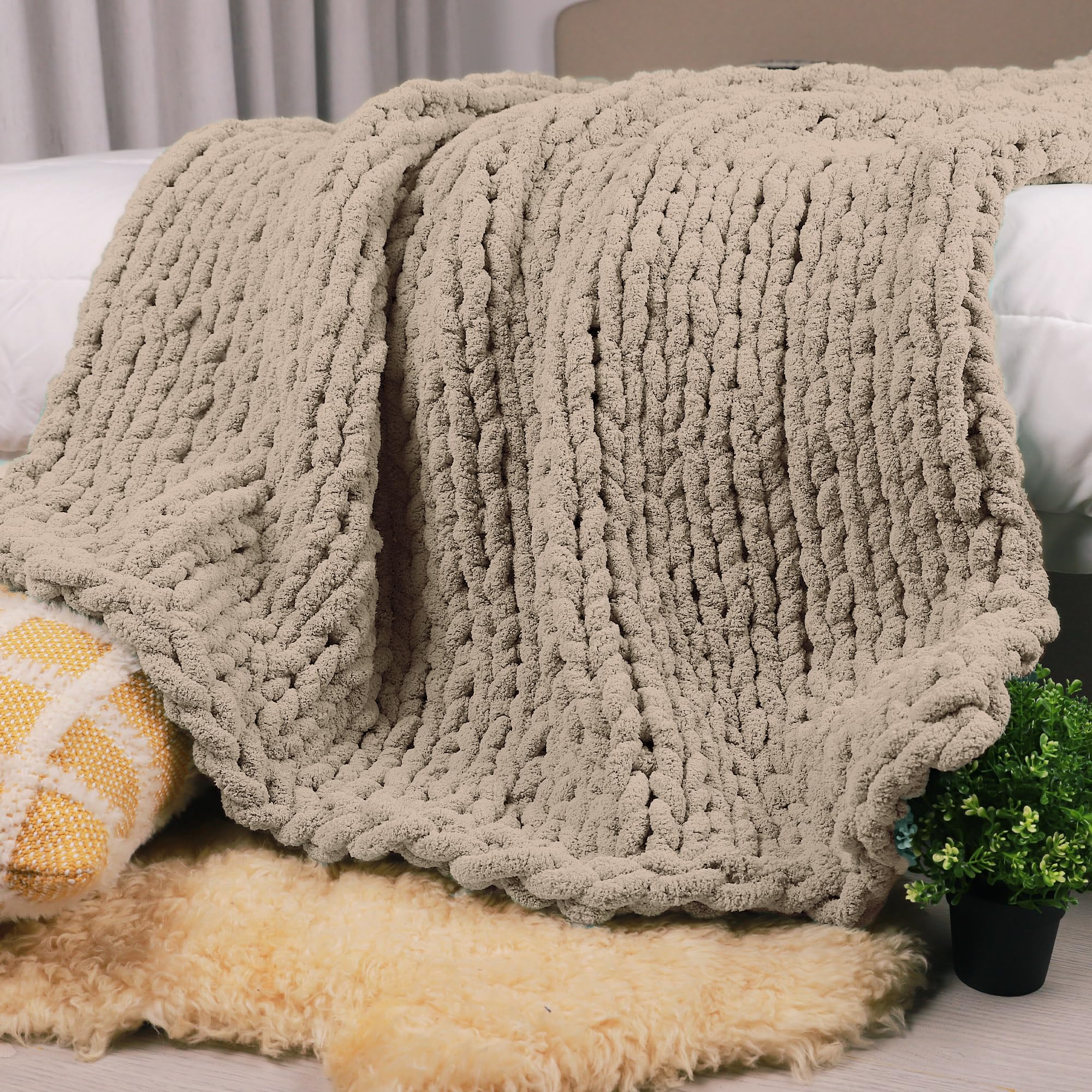 Knit Boho Beige Throw Pillow — 50"