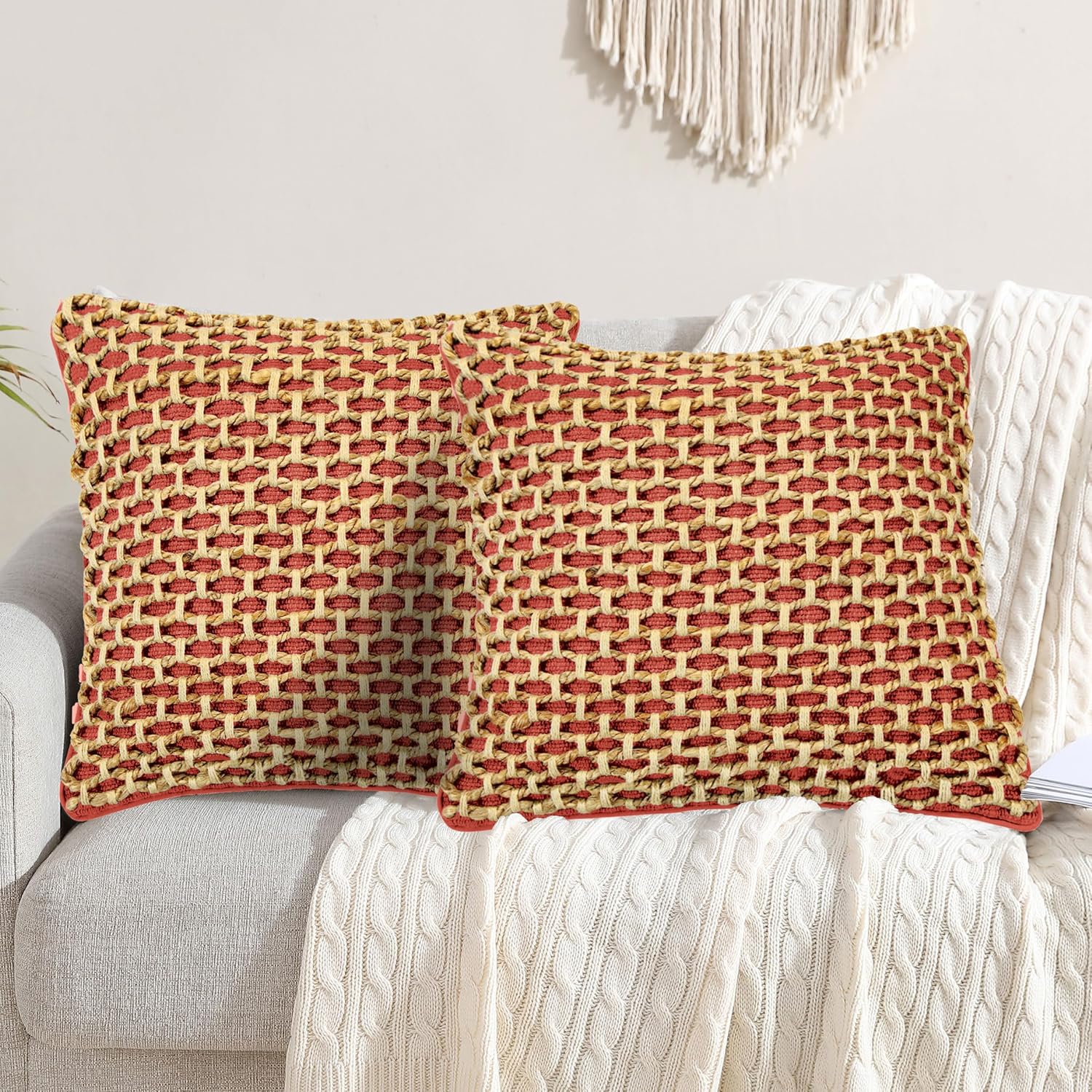 Boho Beige Pillow Cover — 20" — Rust