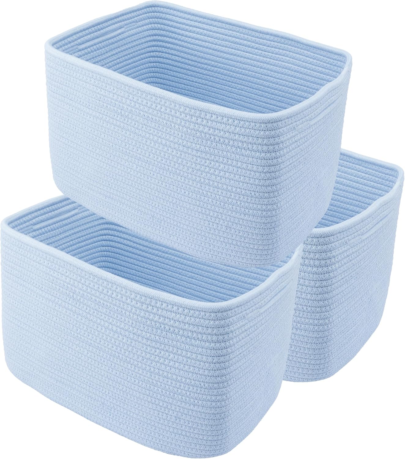 Boho Beige Woven Basket — 9.3" — light blue