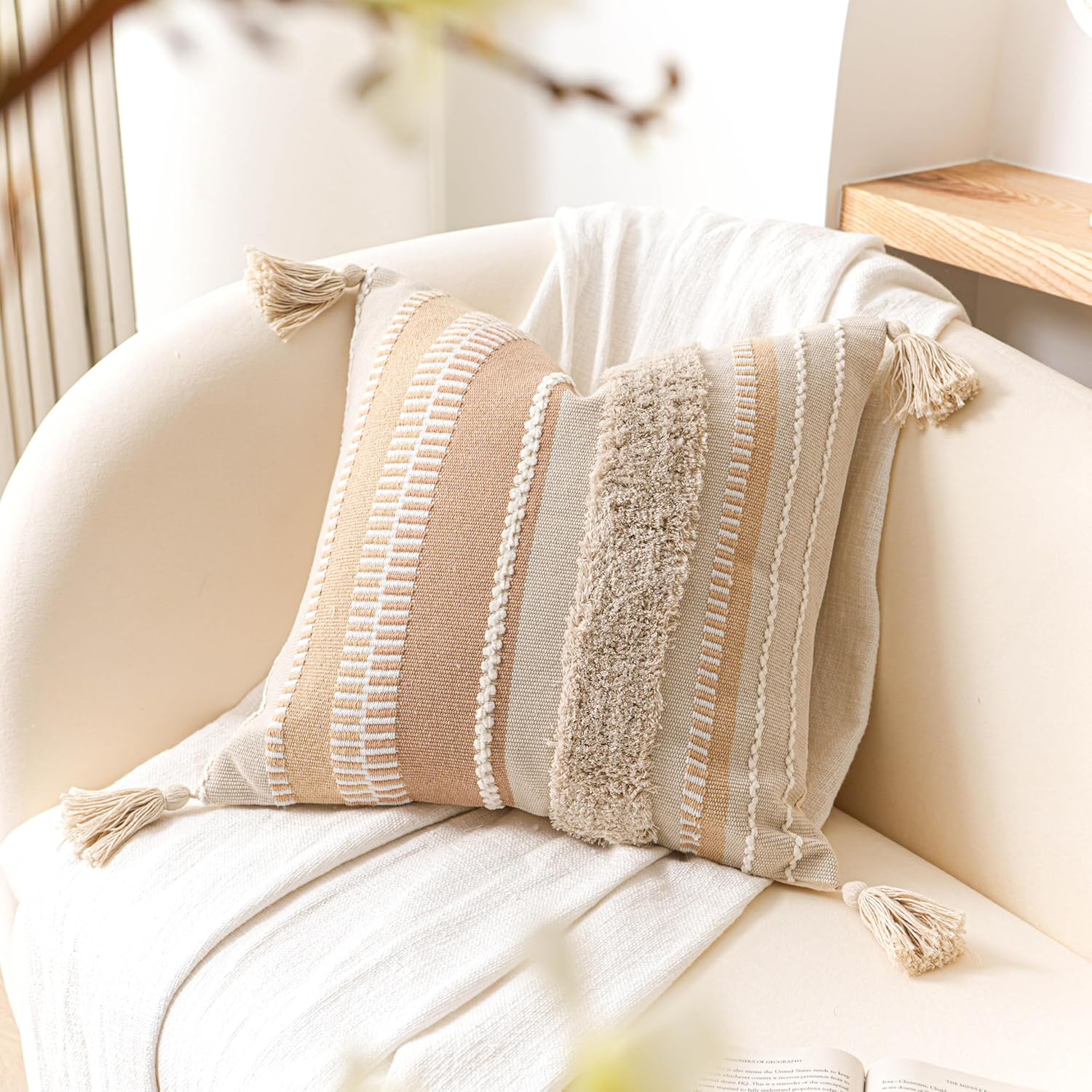 Tufted Boho Beige Throw Pillow Cover — 20" - View 7