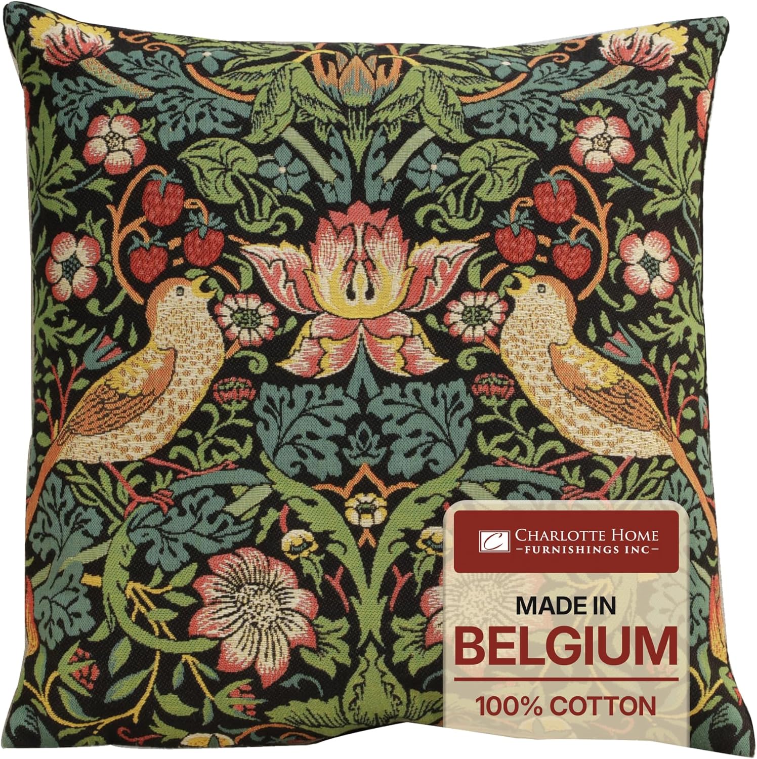Vintage Boho Black Throw Pillow Cover — 18x18 — Black Strawberry Thief I