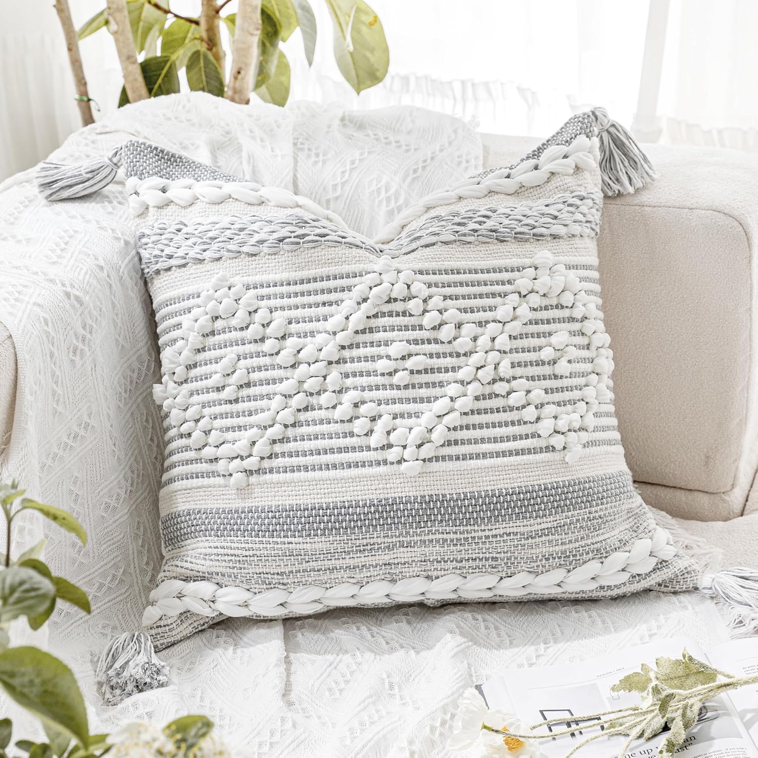 Lumbar Boho Beige Throw Pillow Cover — 36" — 20" x 20" (Pack of 1)