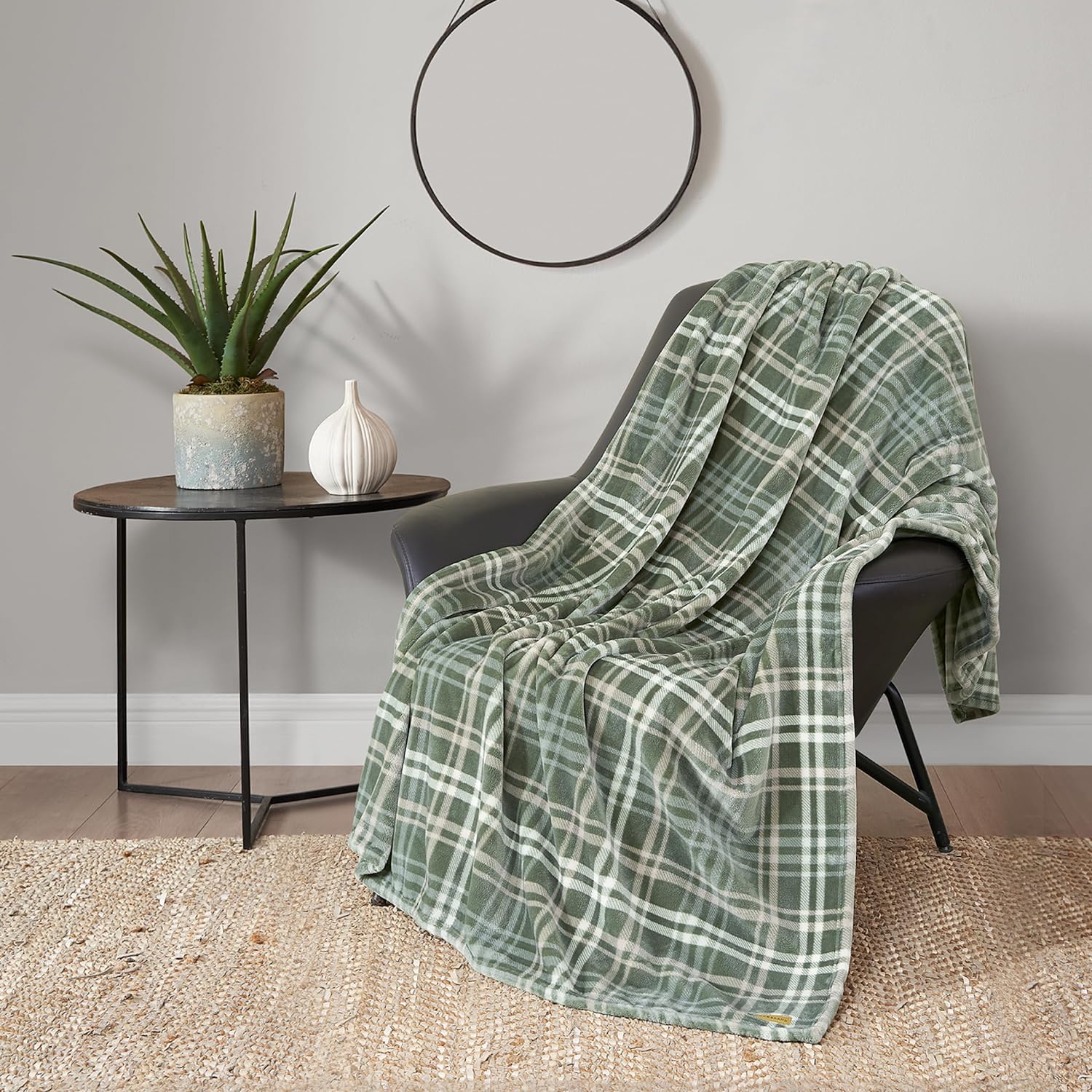 Beige Throw Pillow — 50" — Camper Plaid Green