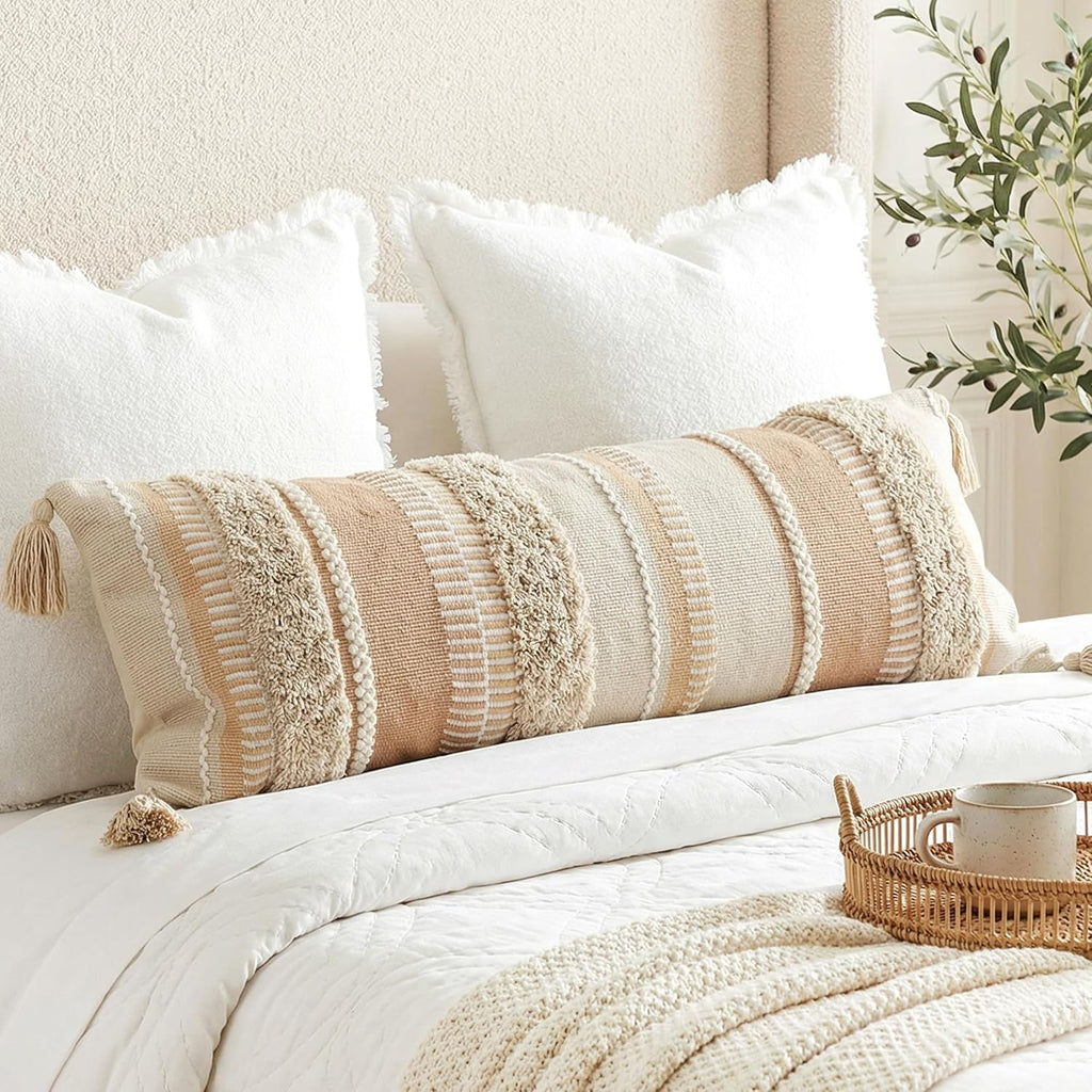 Tufted Boho Beige Throw Pillow Cover — 20" — 36" x 14" (Pack of 1)