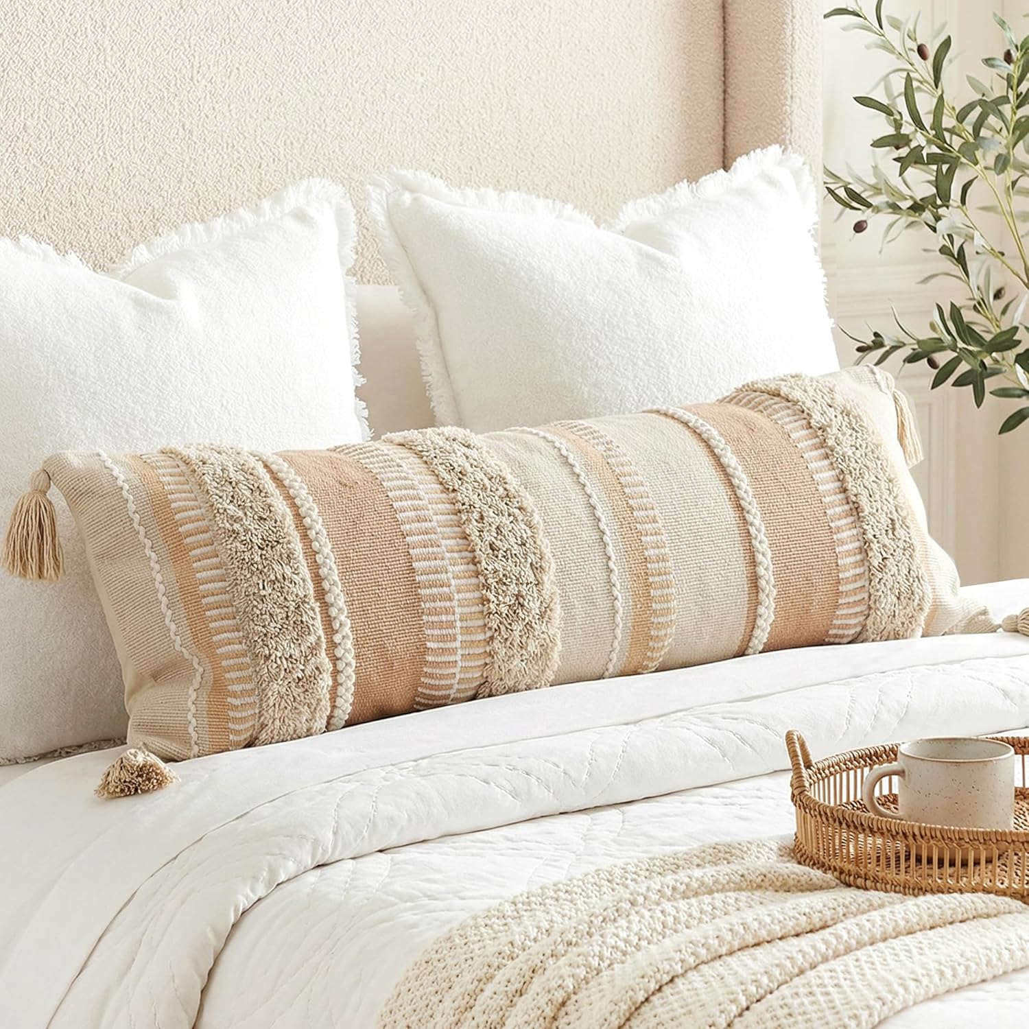 Tufted Boho Beige Throw Pillow Cover — 20" — 36" x 14" (Pack of 1)