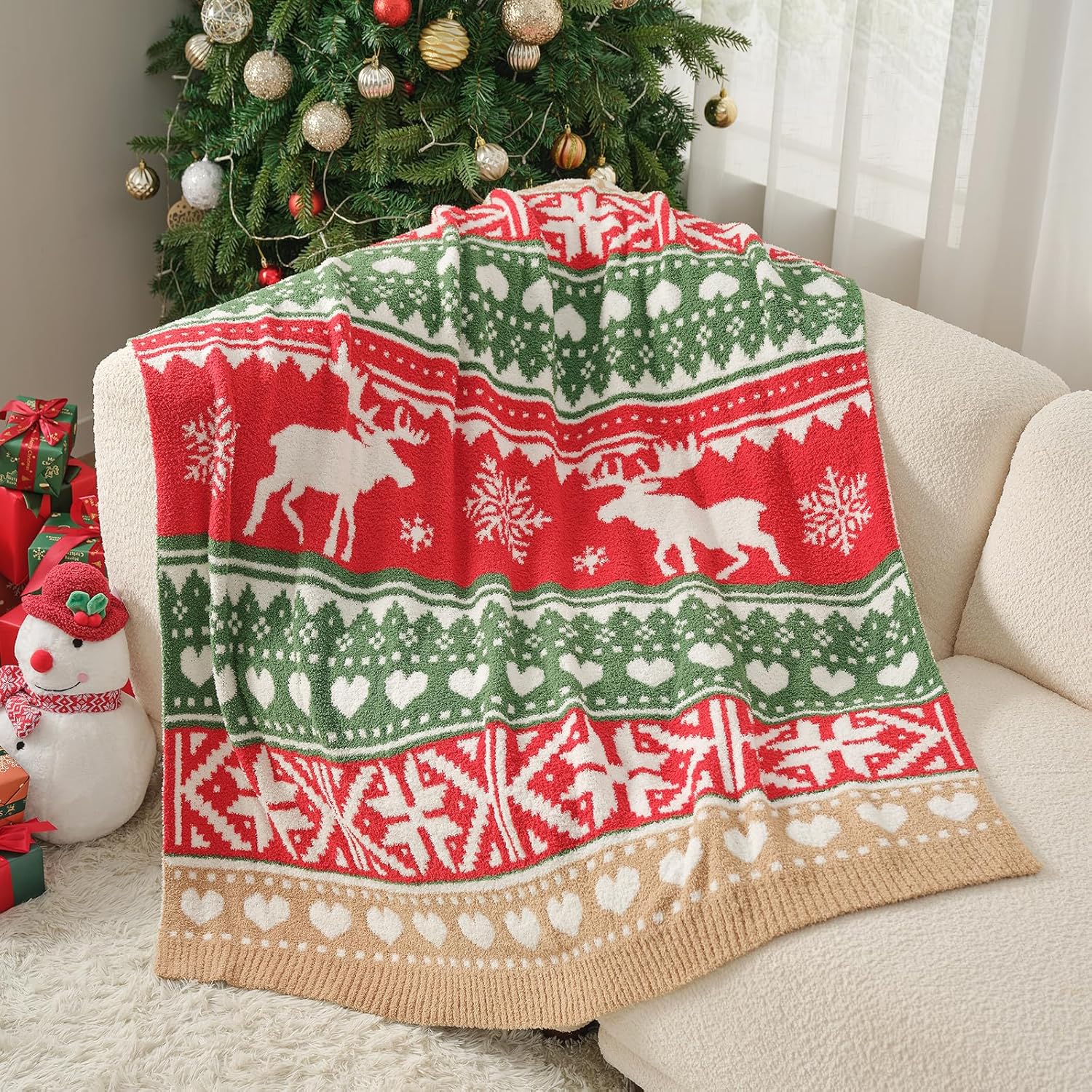 Red Throw Pillow — 50" — Fairy Isle Reindeer
