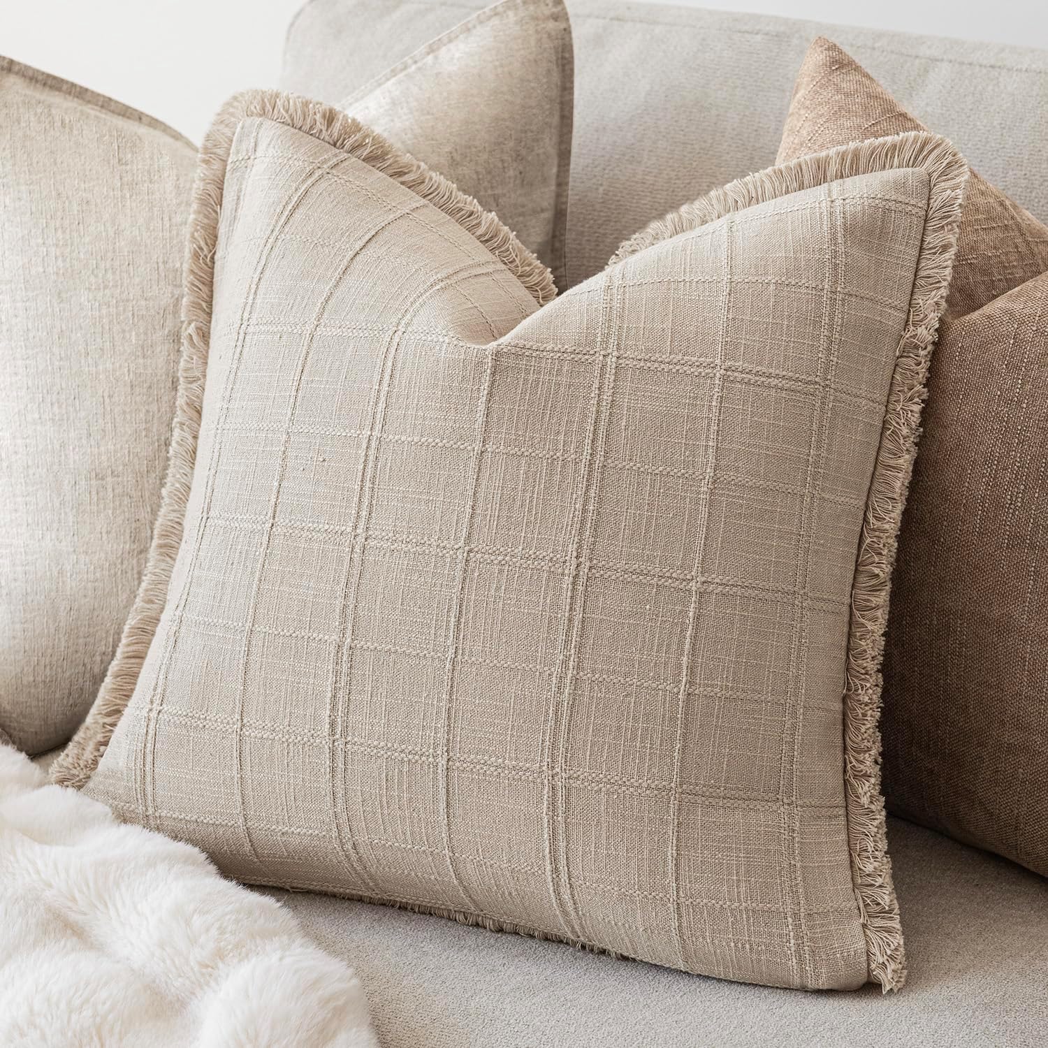 Linen Boho Beige Throw Pillow Cover — 18" - View 5