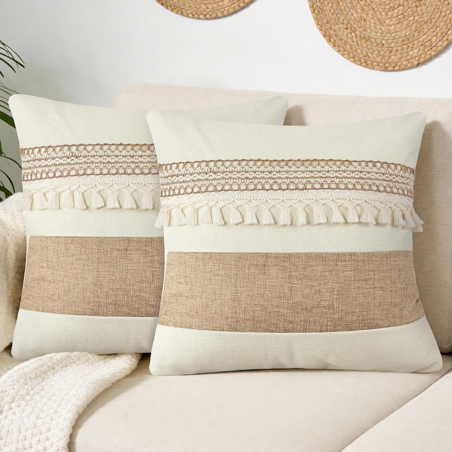Linen Boho Beige Throw Pillow Cover — 18" — Boho Beige Tassles-a