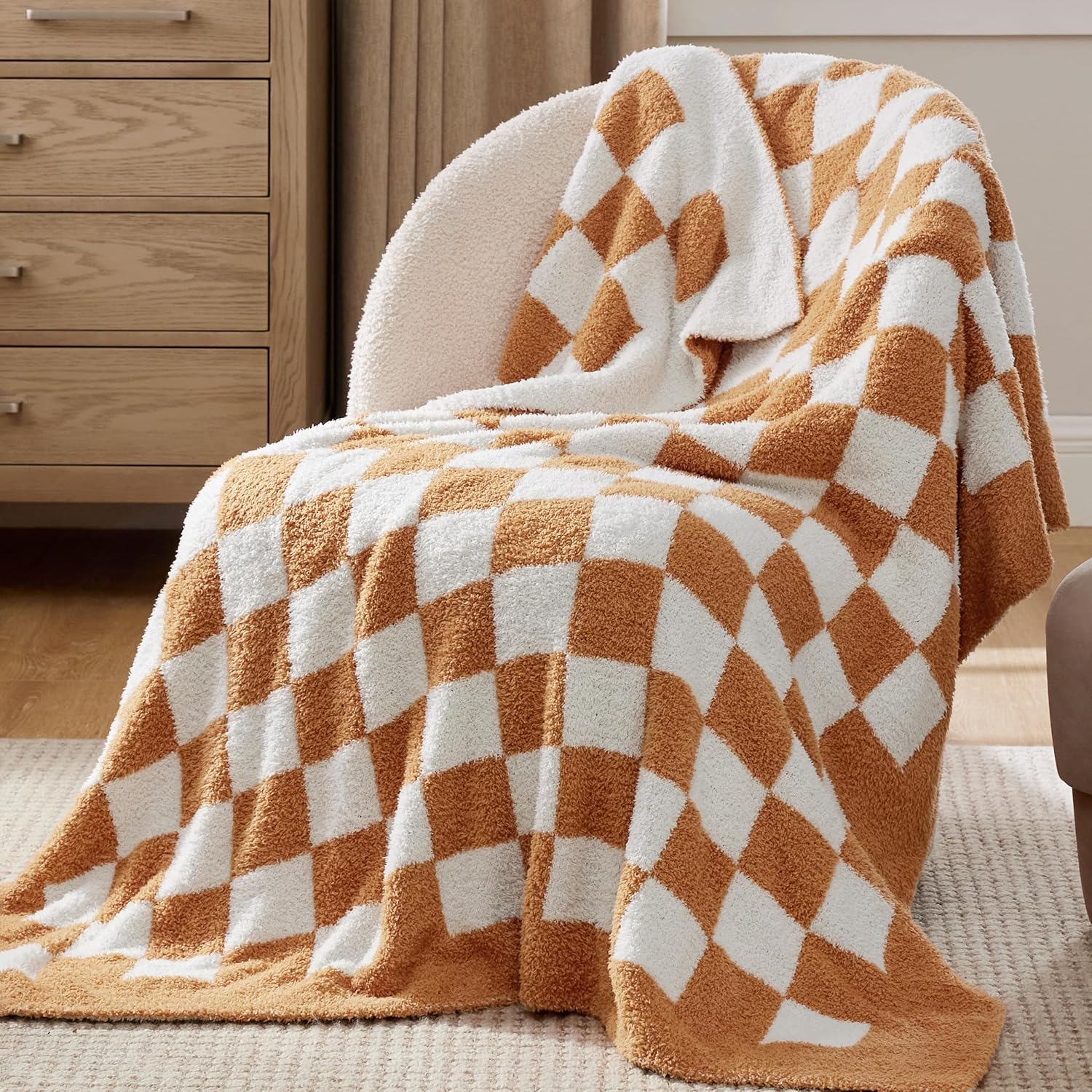 Knit Beige Throw Pillow — 50" — 04 - Checkered Burnt Orange