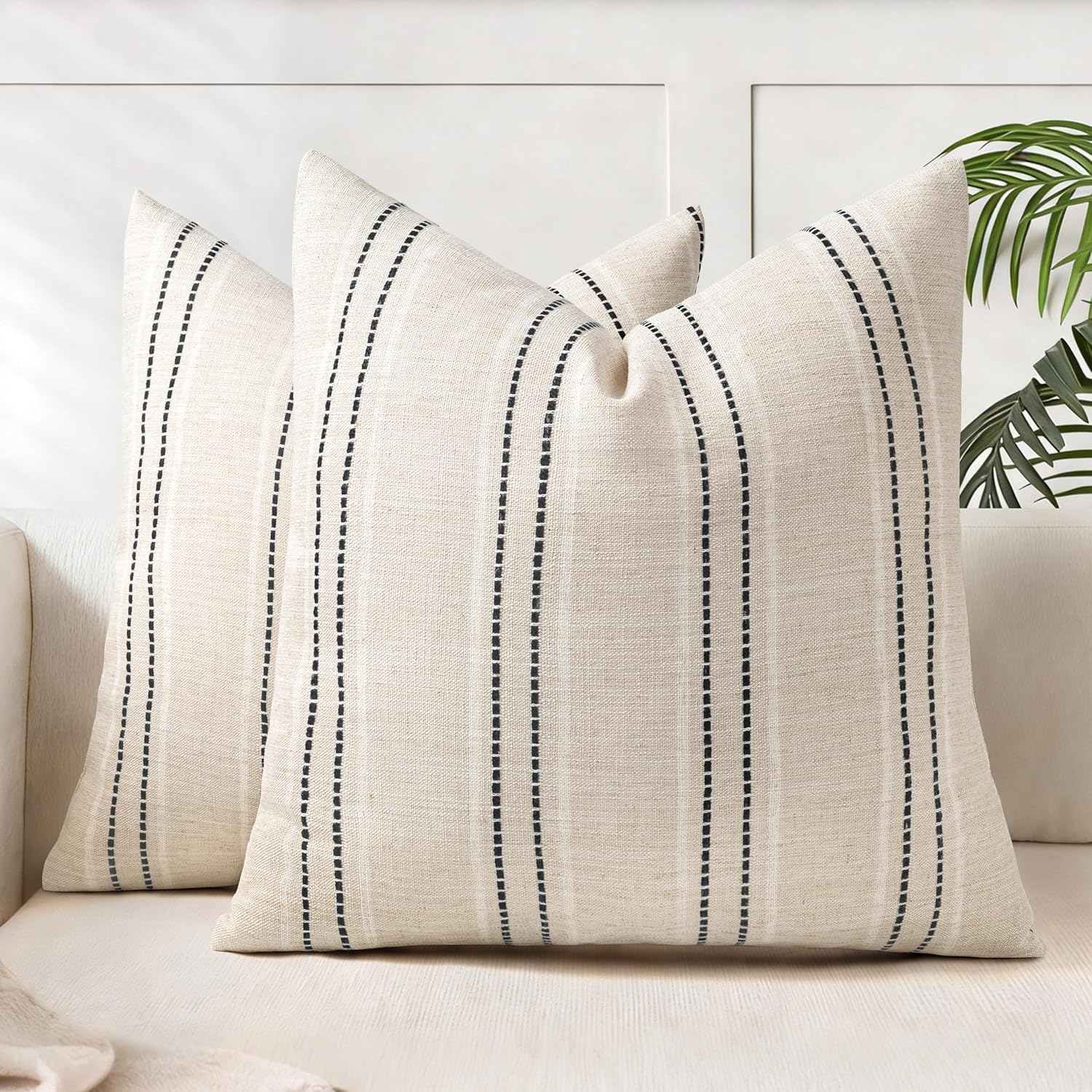 Linen Boho Fabric Throw Pillow Cover — 18" — Beige With White & Black
