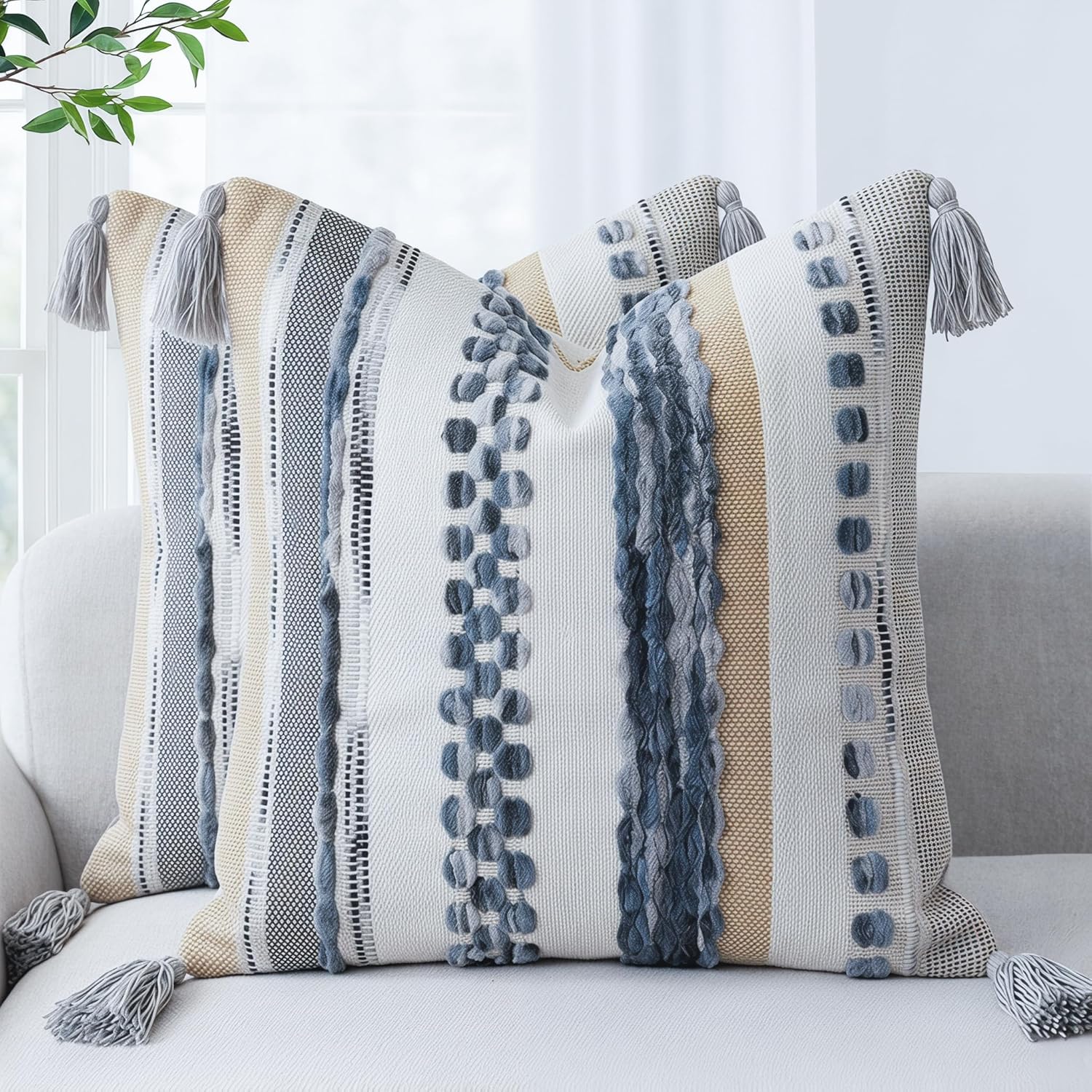 Chenille Boho Blue Throw Pillow Cover — 36" — Grey Tone