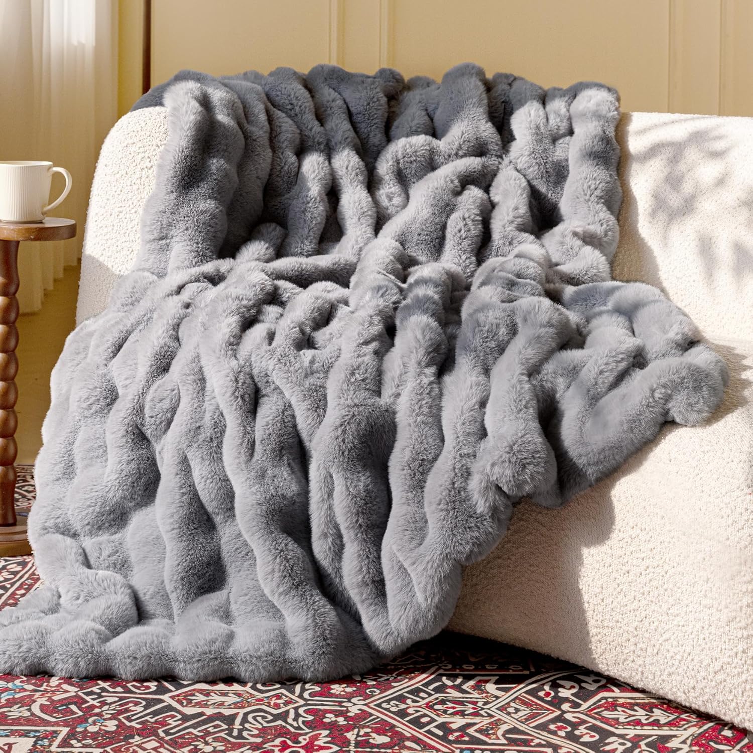 Luxe Beige Throw Pillow — 60" — Bubble Light Grey