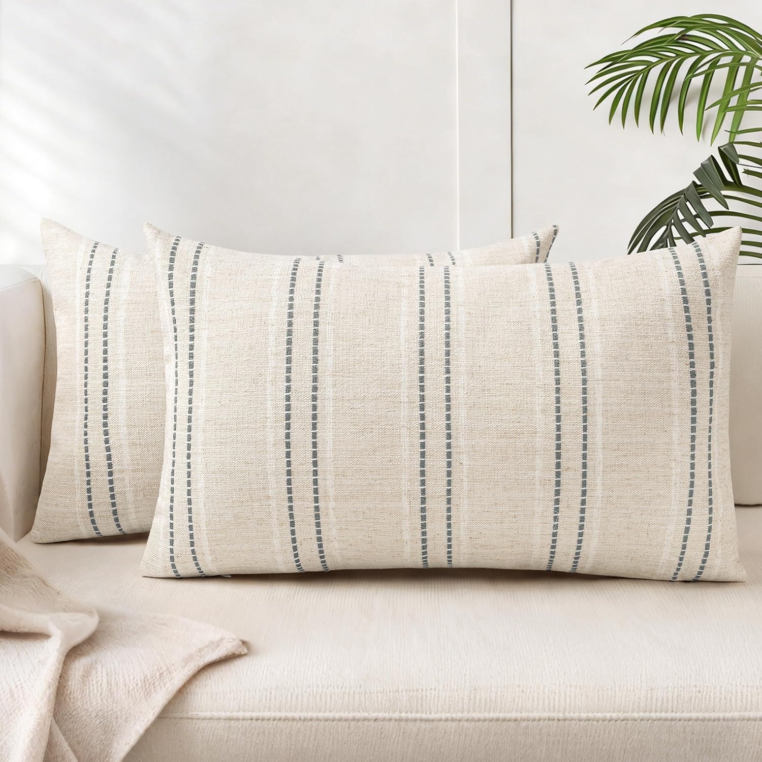 Linen Boho Fabric Throw Pillow Cover — 18" — Beige With White & Gray