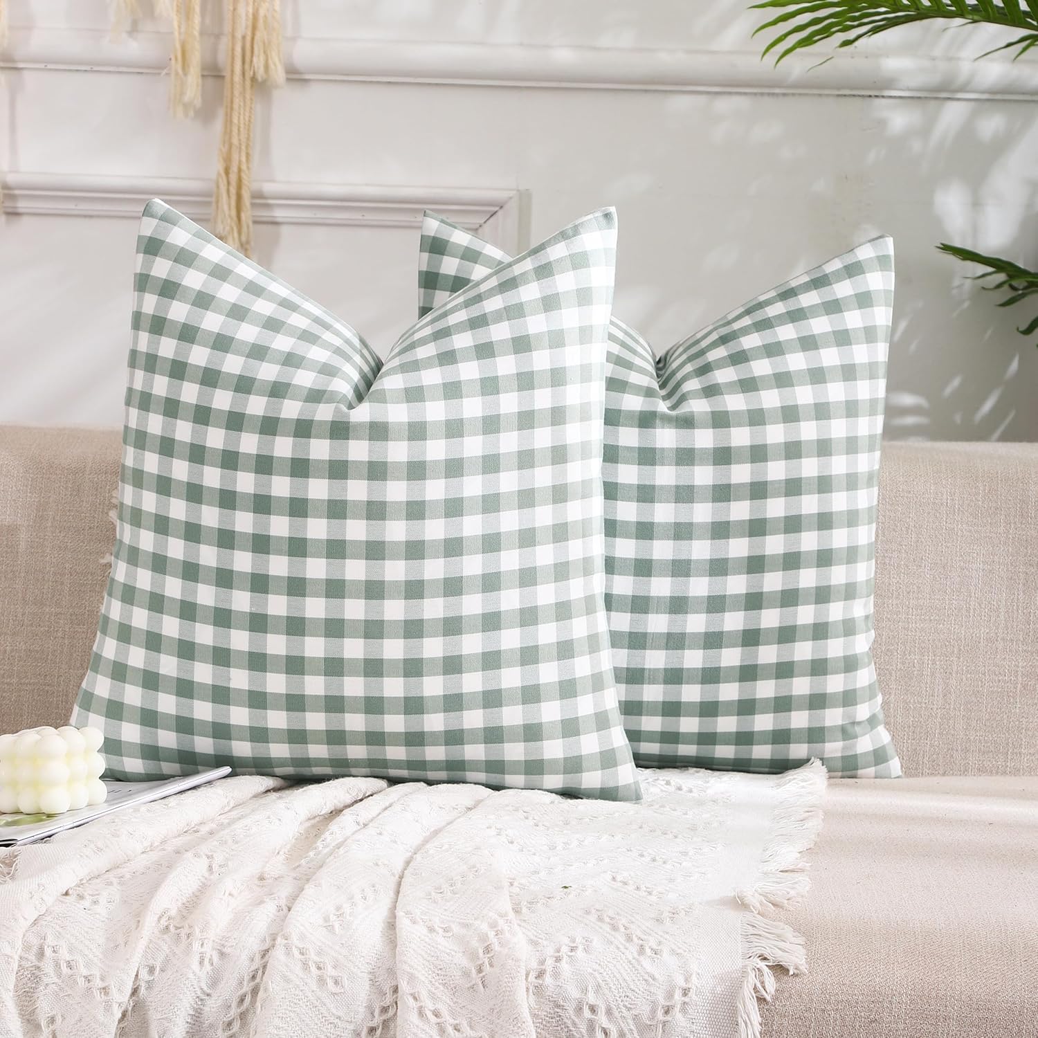 Boho Beige Throw Pillow Cover — 18" — Grey Green Gingham