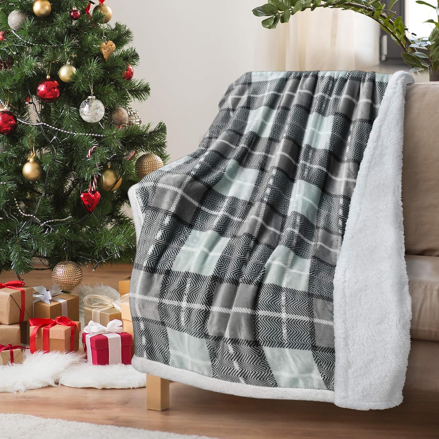 Beige Throw Pillow — 50" — #Grey Plaid