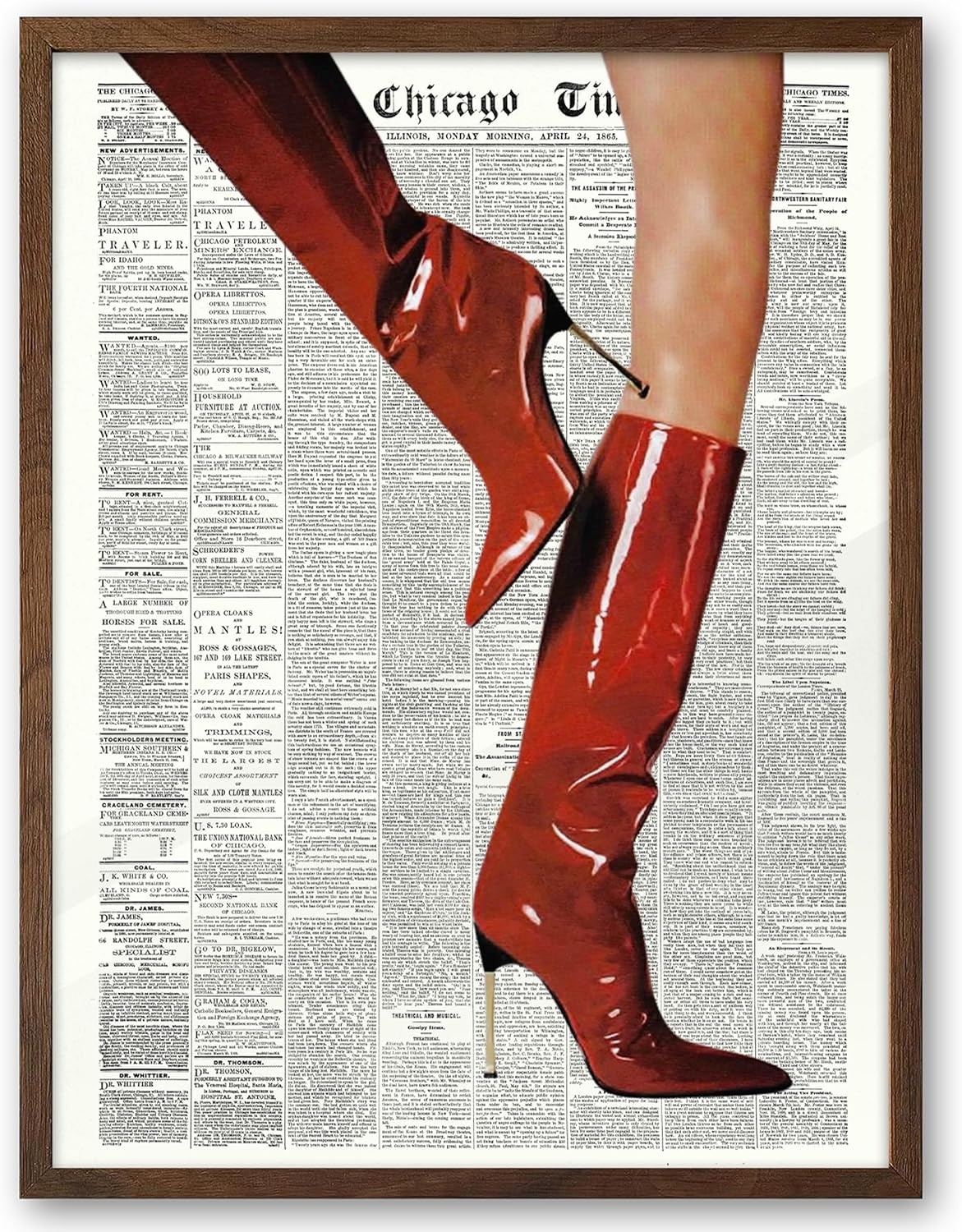 Framed Mid-Century Brown Canvas Wall Art — 16" — Walnut Framed Boots