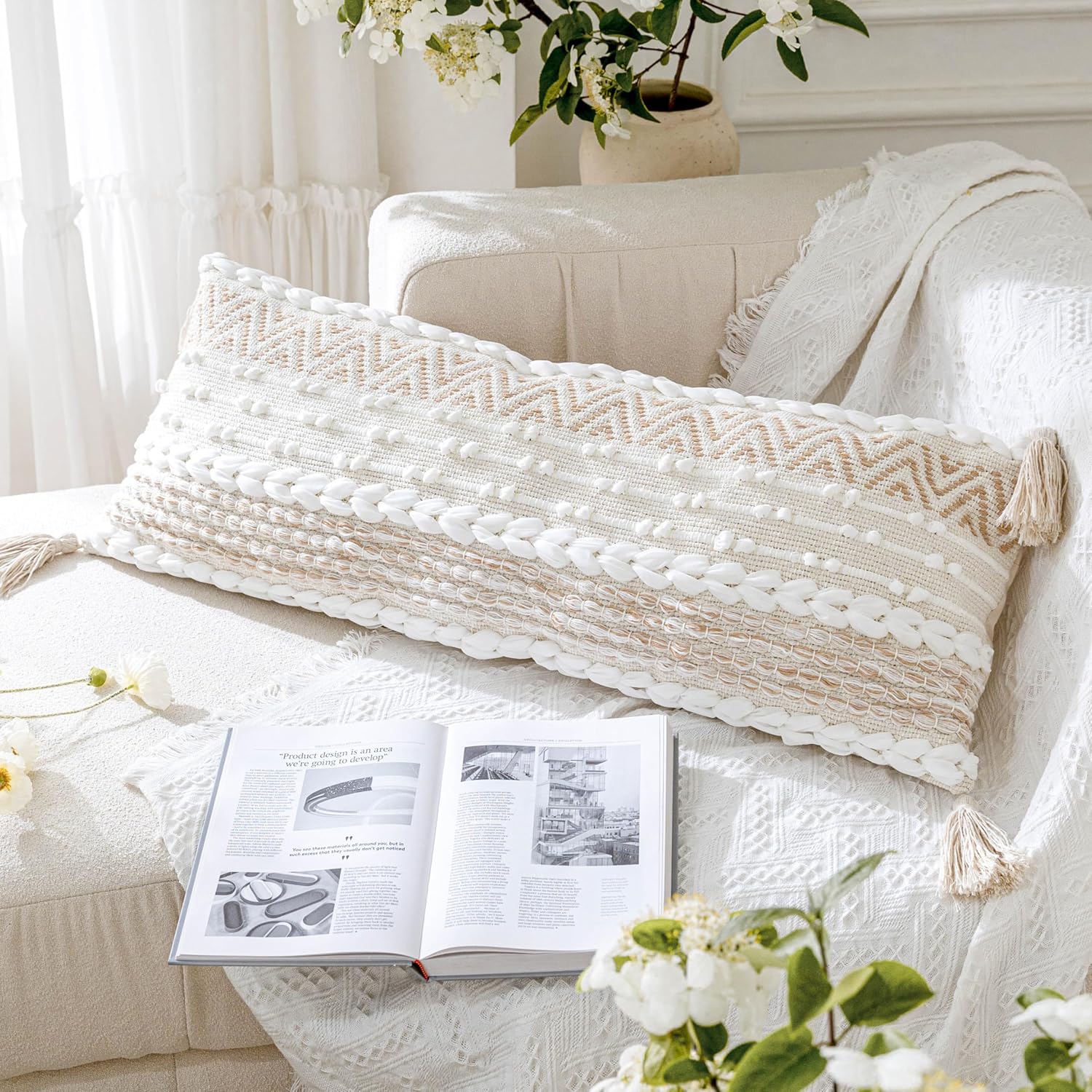 BlissBlush Cream Decorative Lumbar Throw Pillow Cover 14x36 Boho Long Cushion for Bed Neutral Beige White Accent Modern Farmhouse Pillowcase for Bedroom Living Room Couch Sofa Home Décor Cover ONLY 36" x 14" (Pack of 1) White Cream - Image 14