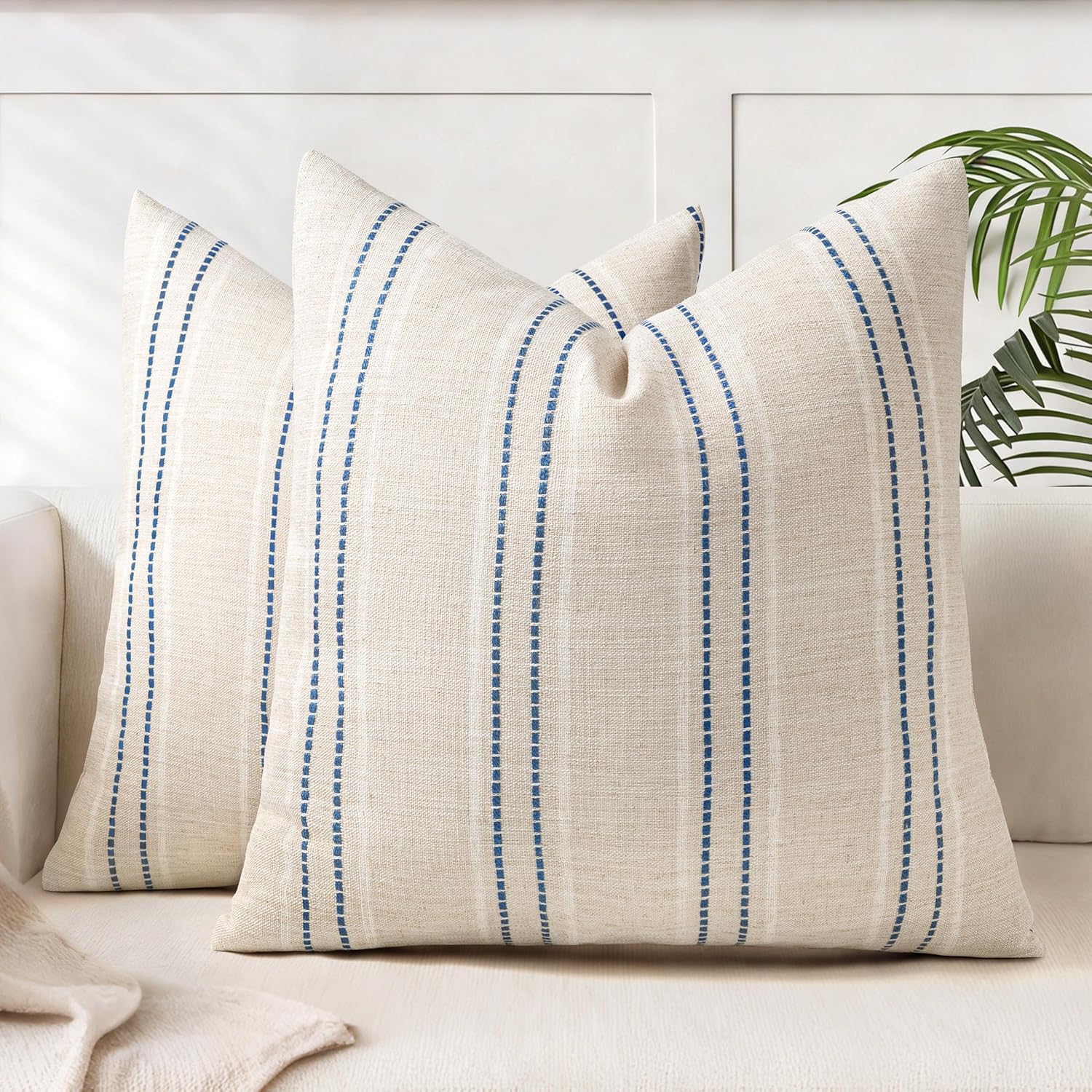 Linen Boho Fabric Throw Pillow Cover — 18" — Beige With White & Navy Blue