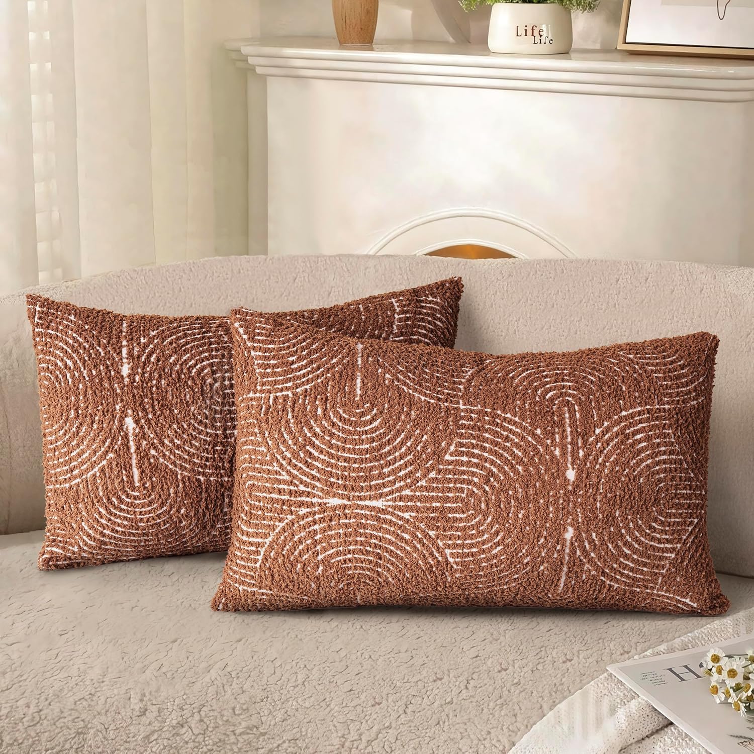 Tufted Boho Beige Throw Pillow Cover — 18" — Burnt Orange