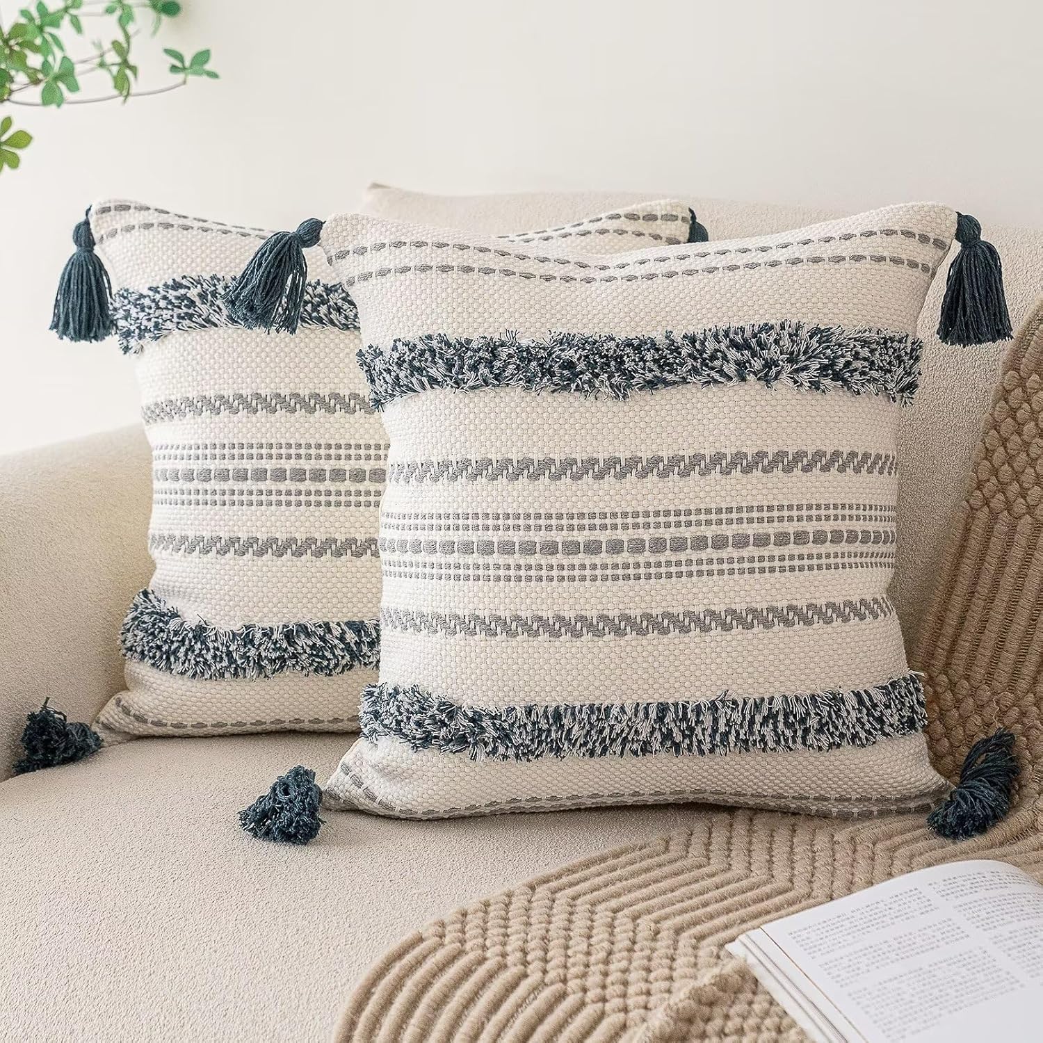 Tufted Boho Beige Throw Pillow Cover — 18" — Dark Blue