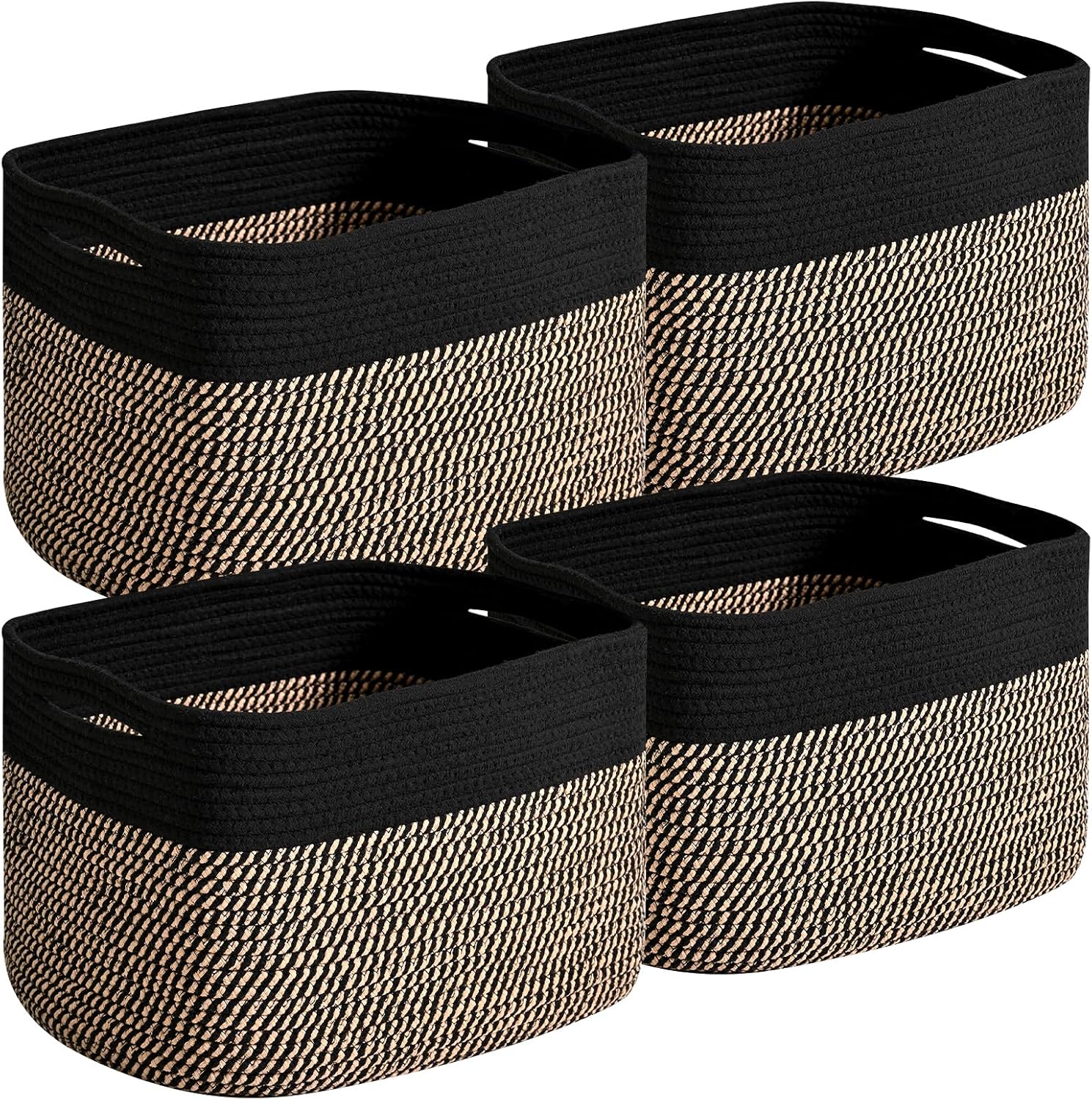 Rectangular Boho Black Storage Basket — 12.7" — Black & Jute