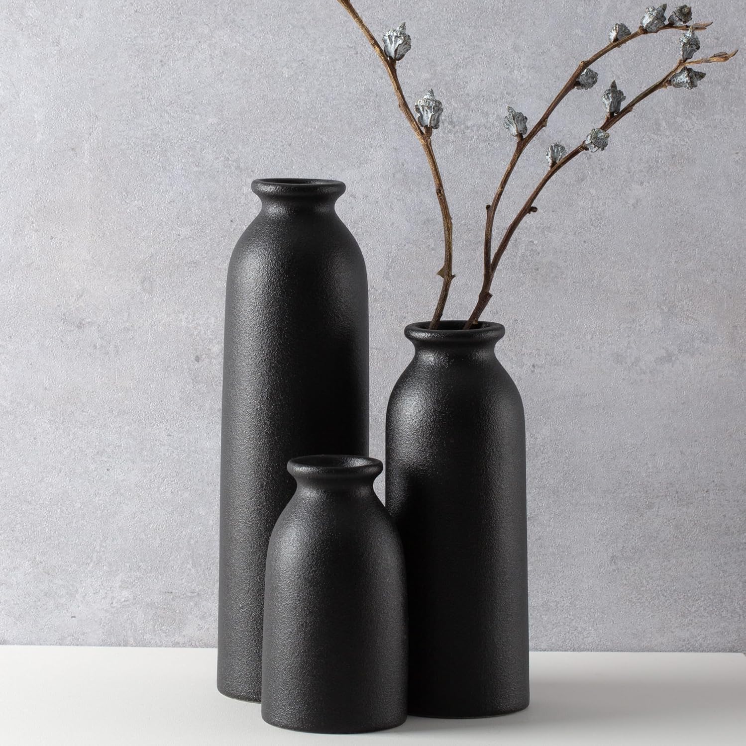 Boho Beige Flower Vase — 3set-tall Black