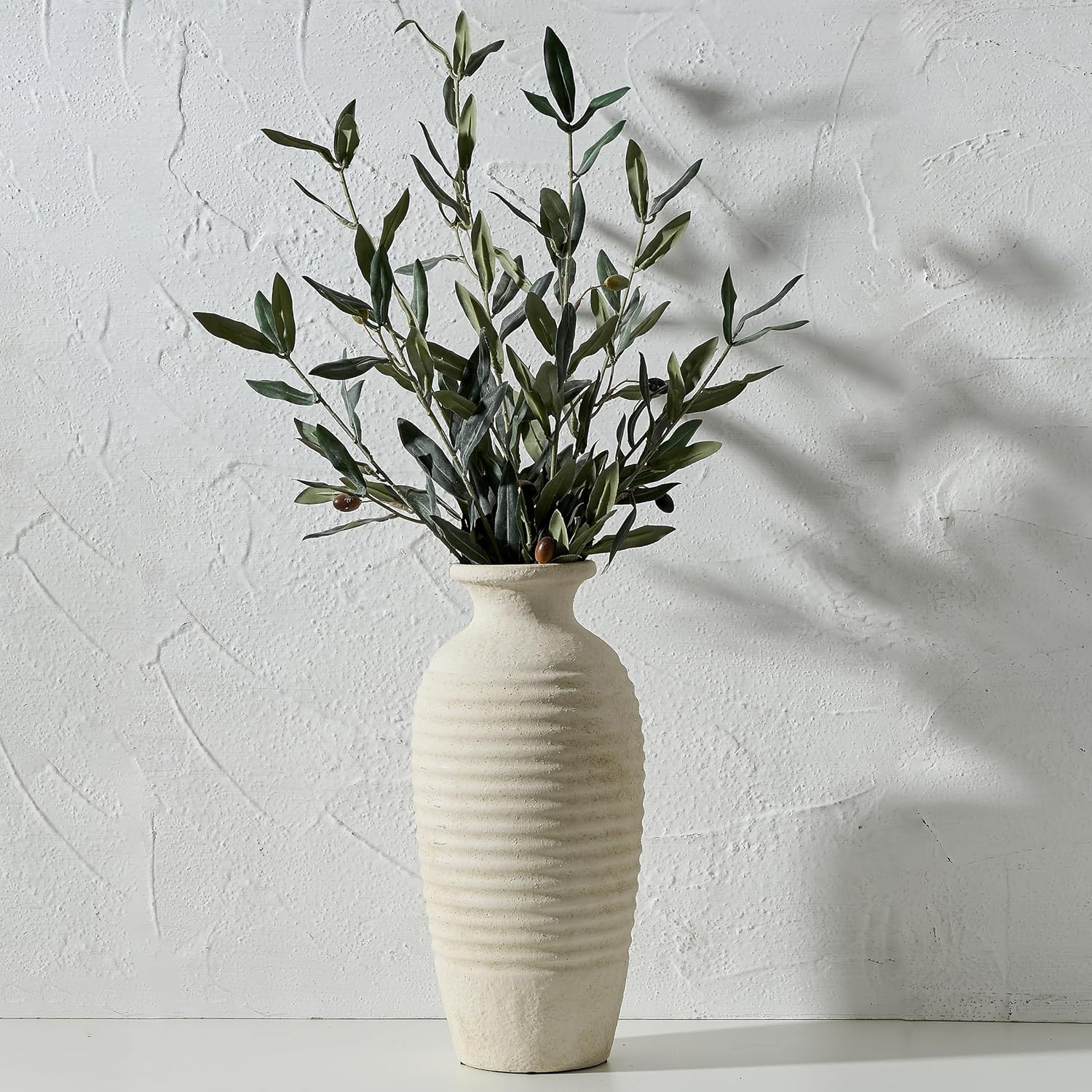 Vintage Farmhouse Beige Vase — 14.4" — Off-white