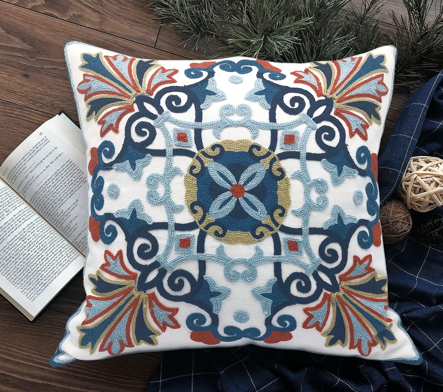 Embroidered Boho Blue Throw Pillow Cover — 18" — Floral- Navy Orange