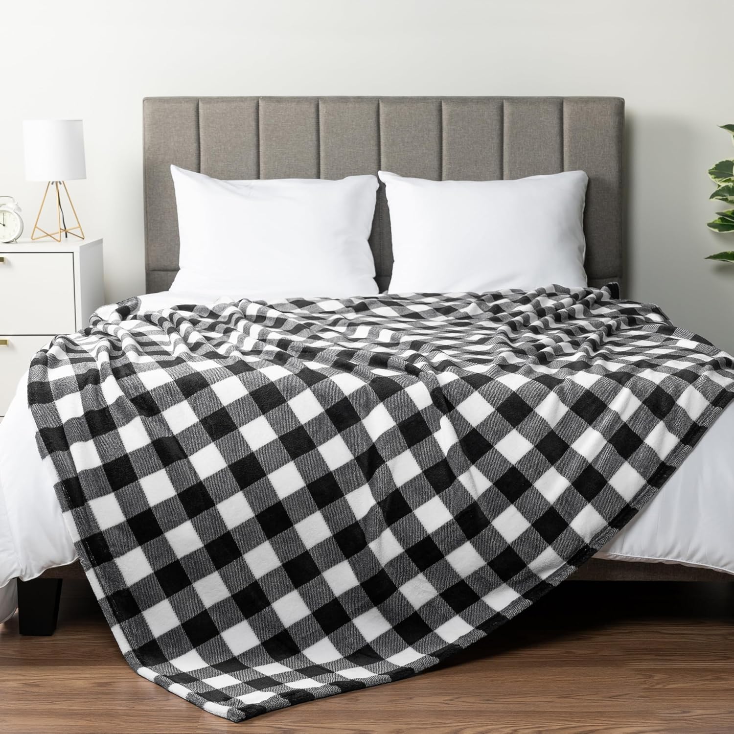 Beige Throw Pillow — 60" — Plaid White/Black