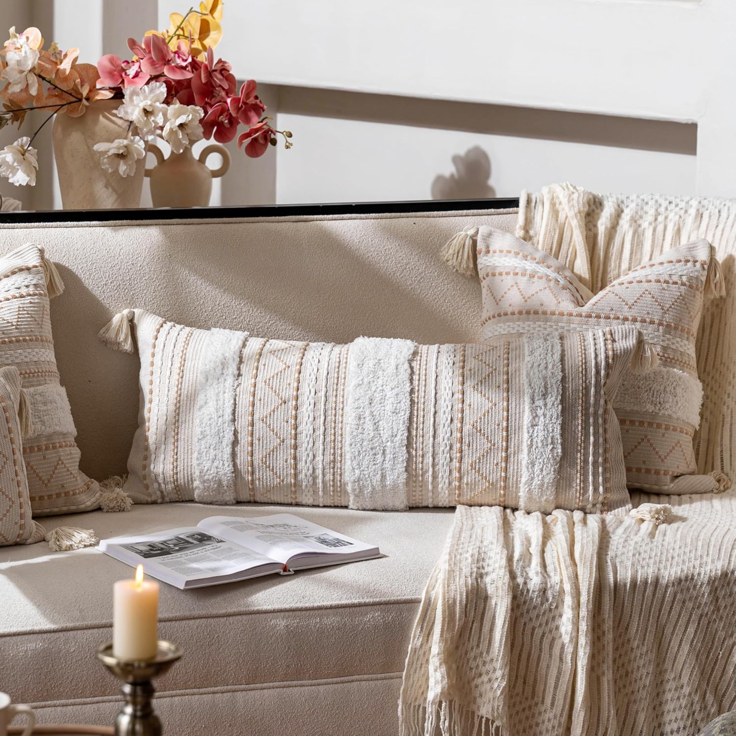 Tufted Boho Beige Pillow Cover — 36" - View 3
