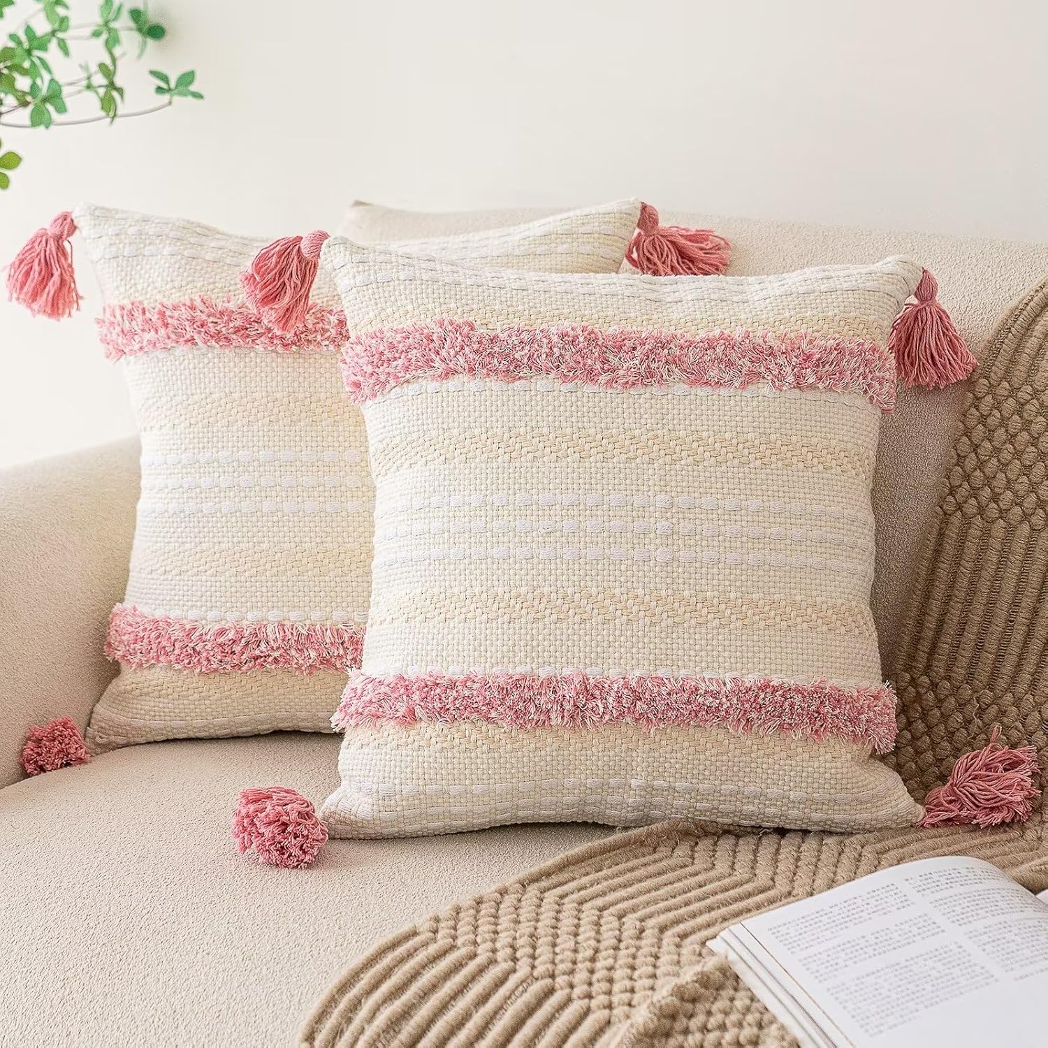 Tufted Boho Beige Throw Pillow Cover — 18" — Pink