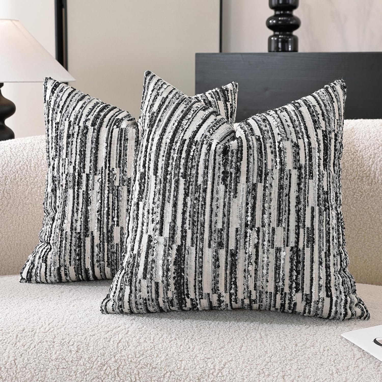 Chenille Boho Beige Throw Pillow Cover — 18" — Black
