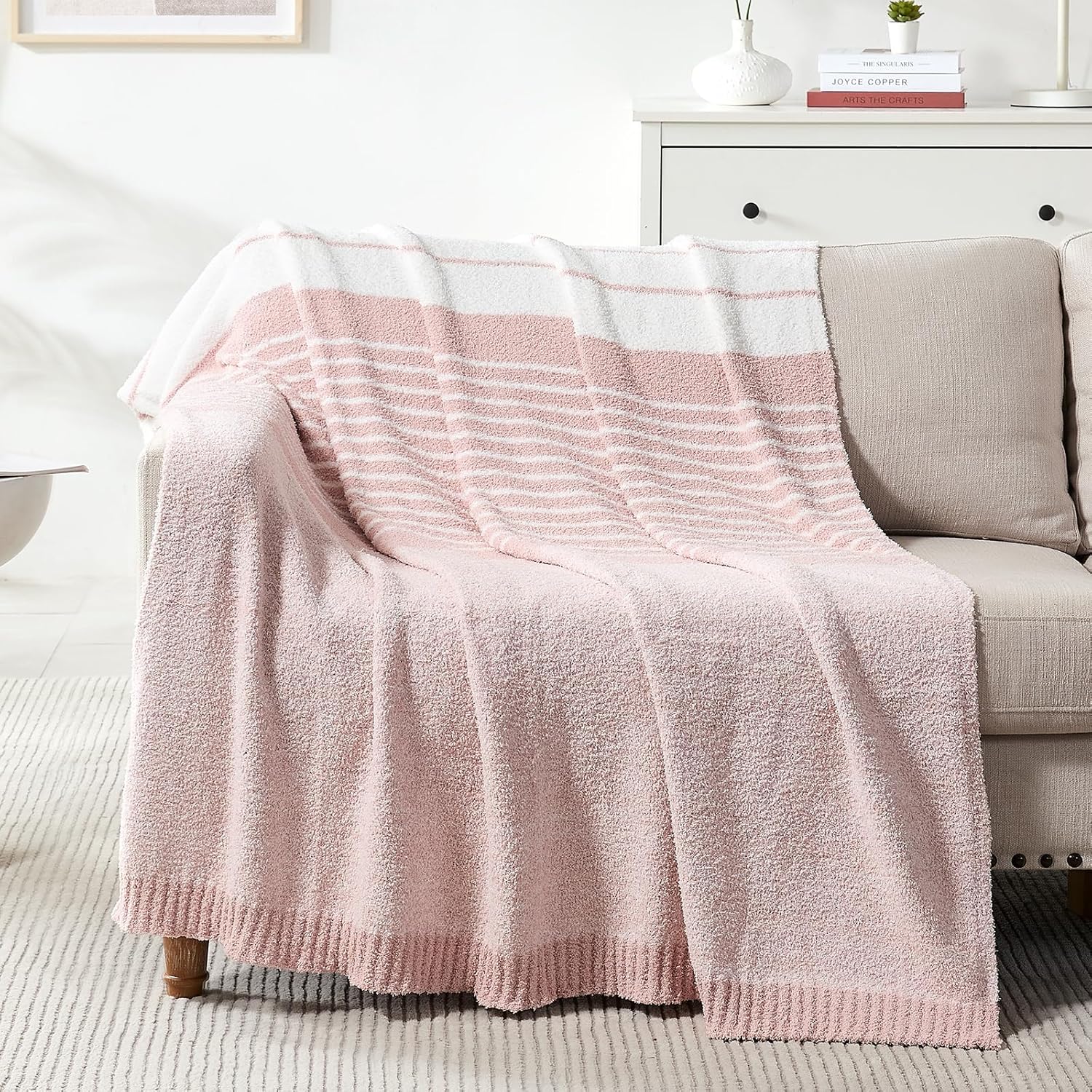 Beige Throw Pillow — 70" — Stripe Pink White