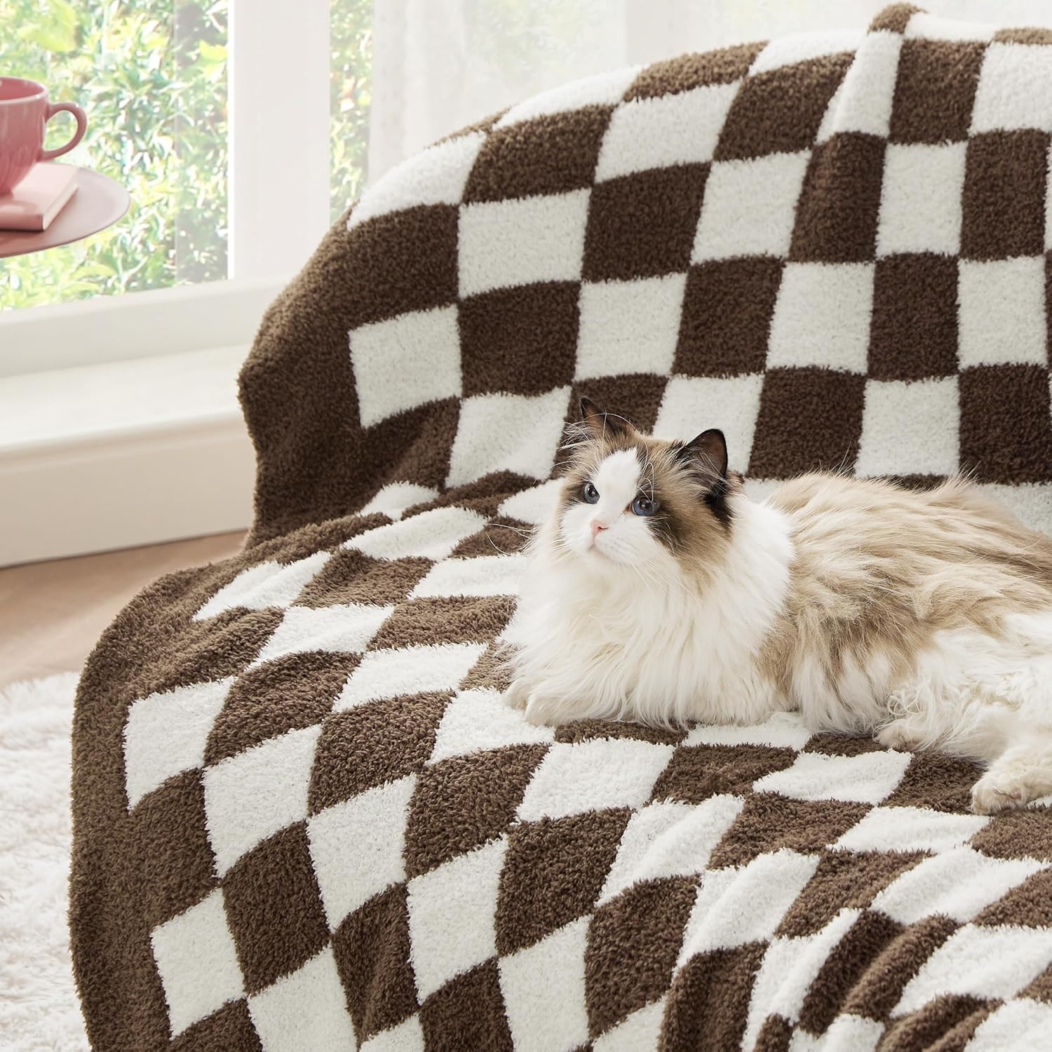 Knit Beige Throw Pillow — 50" — 14 - Checkered Brown