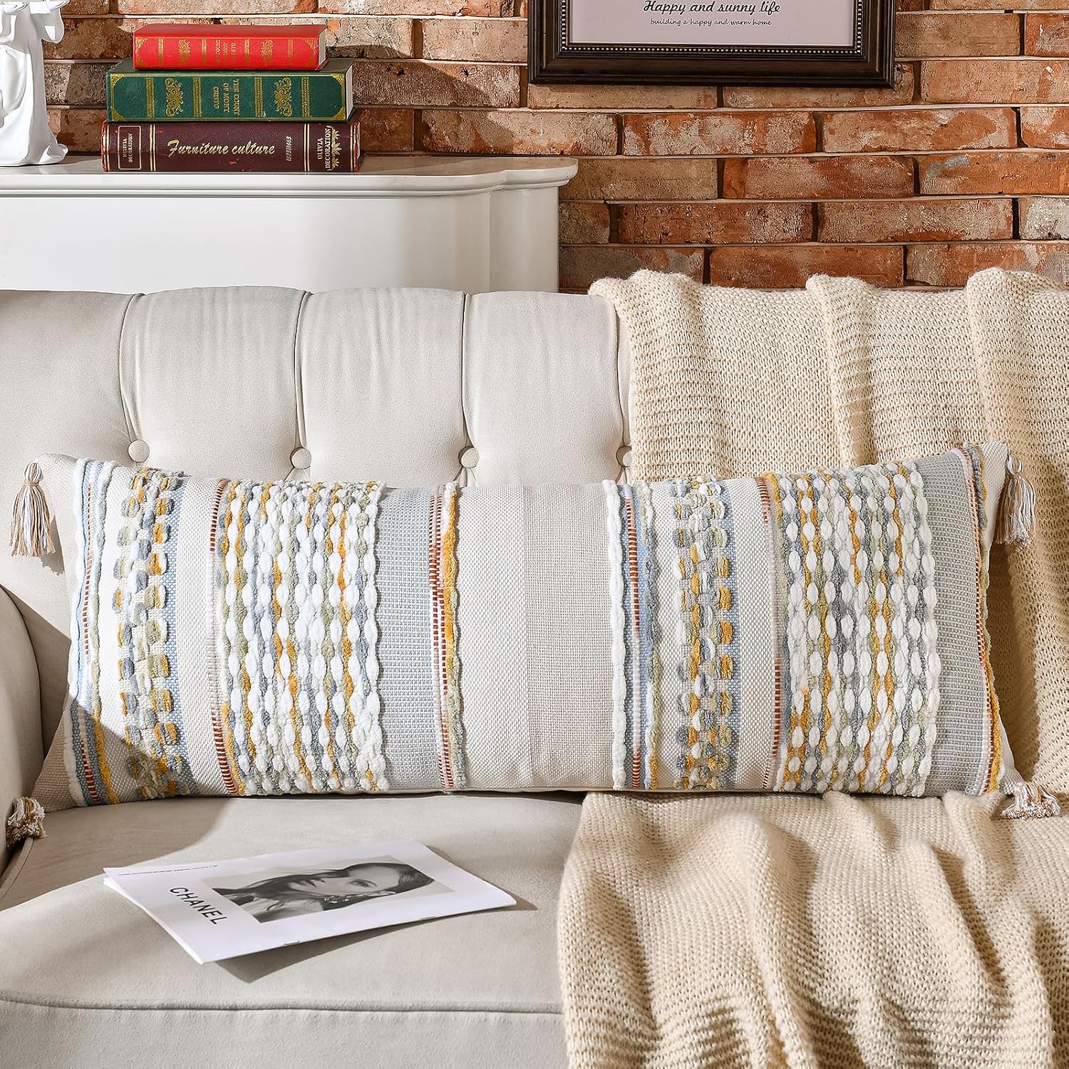 Chenille Boho Beige Throw Pillow Cover — 18" — 36" x 14" (Pack of 1)