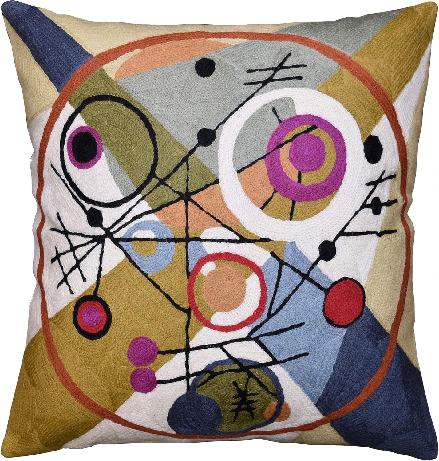 Embroidered Boho Blue Throw Pillow Cover — 18x18 — Gold Circles in Circle