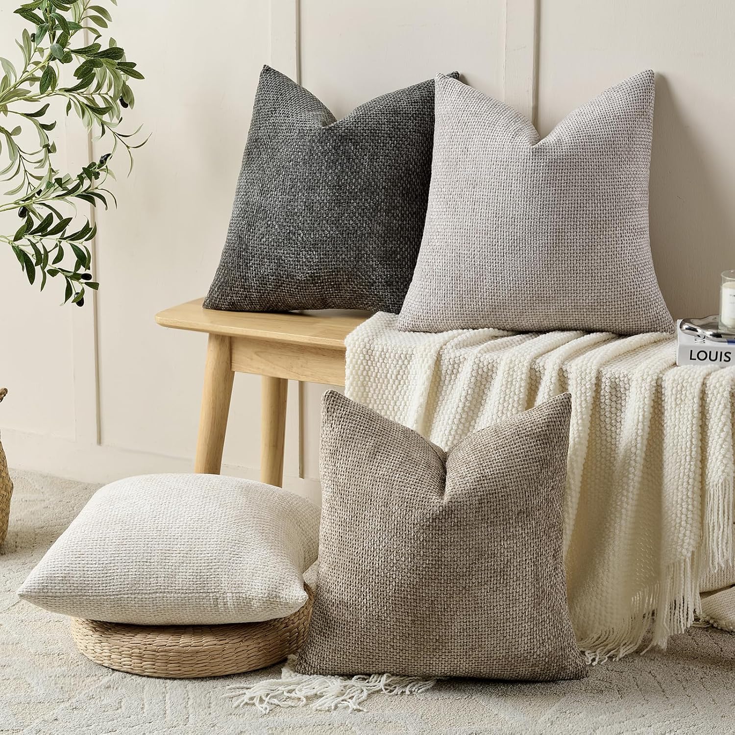 Chenille Boho Beige Throw Pillow Cover — 20" - View 3