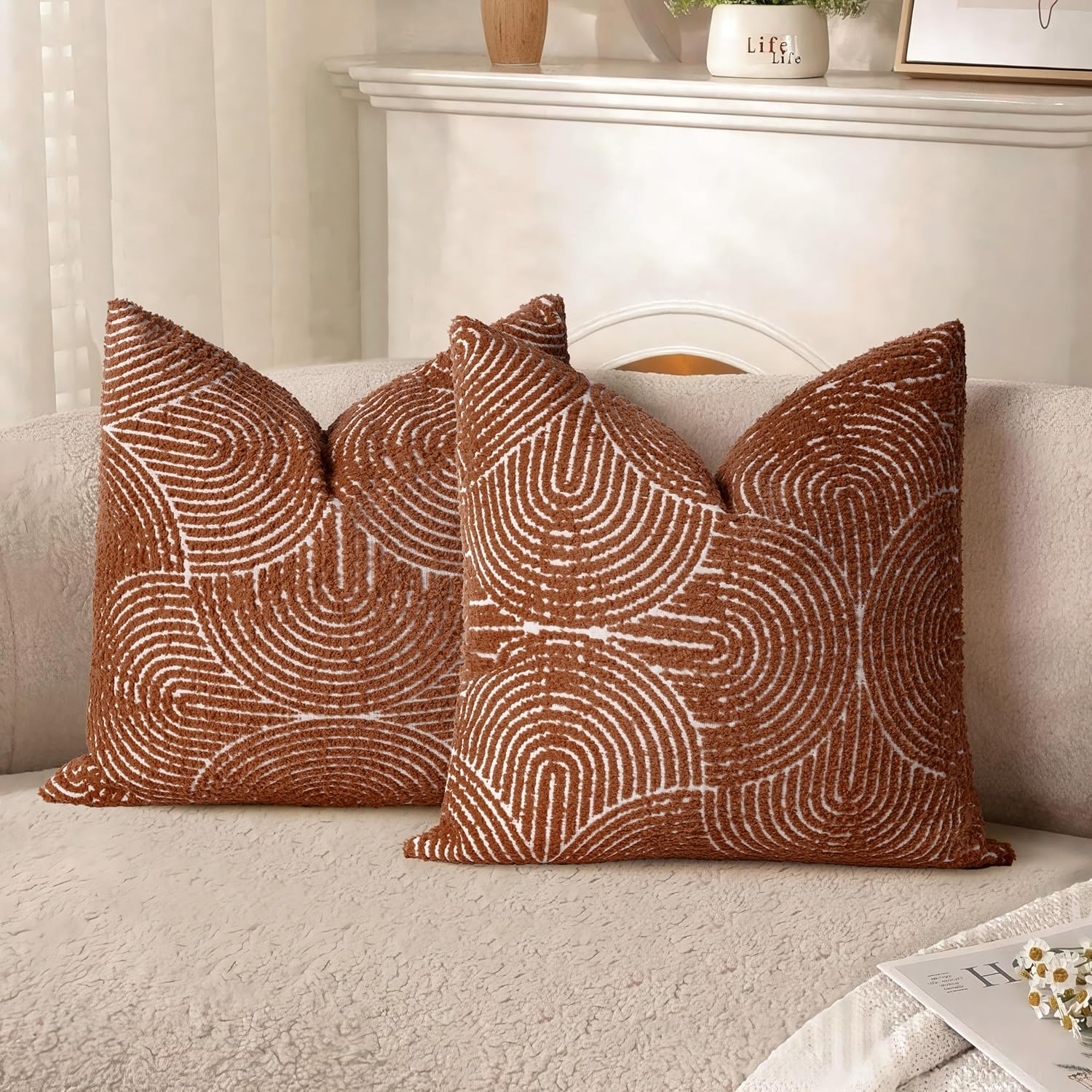 Tufted Boho Beige Throw Pillow Cover — 18" — Burnt Orange