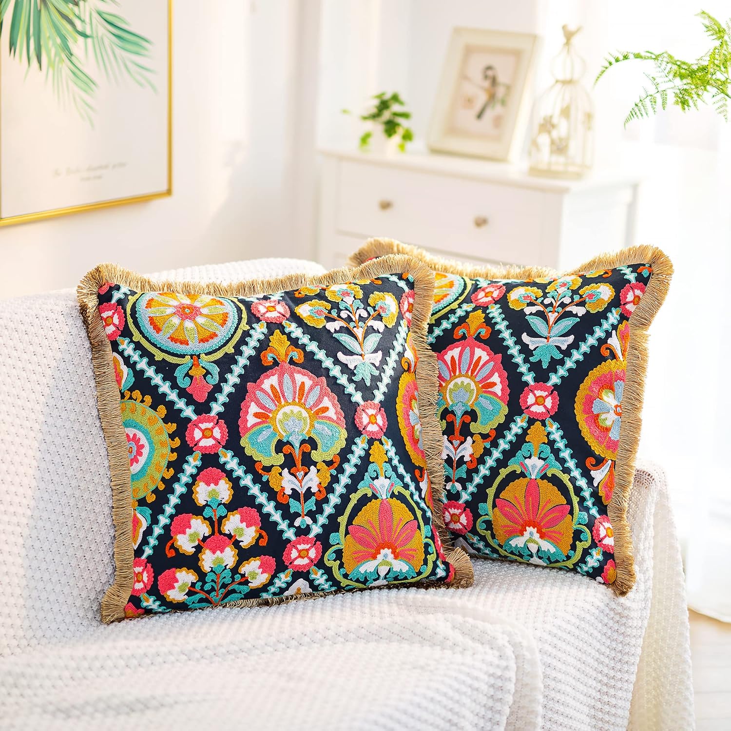 Embroidered Boho Blue Throw Pillow Cover — 18" — Tassel Vintage Pattern