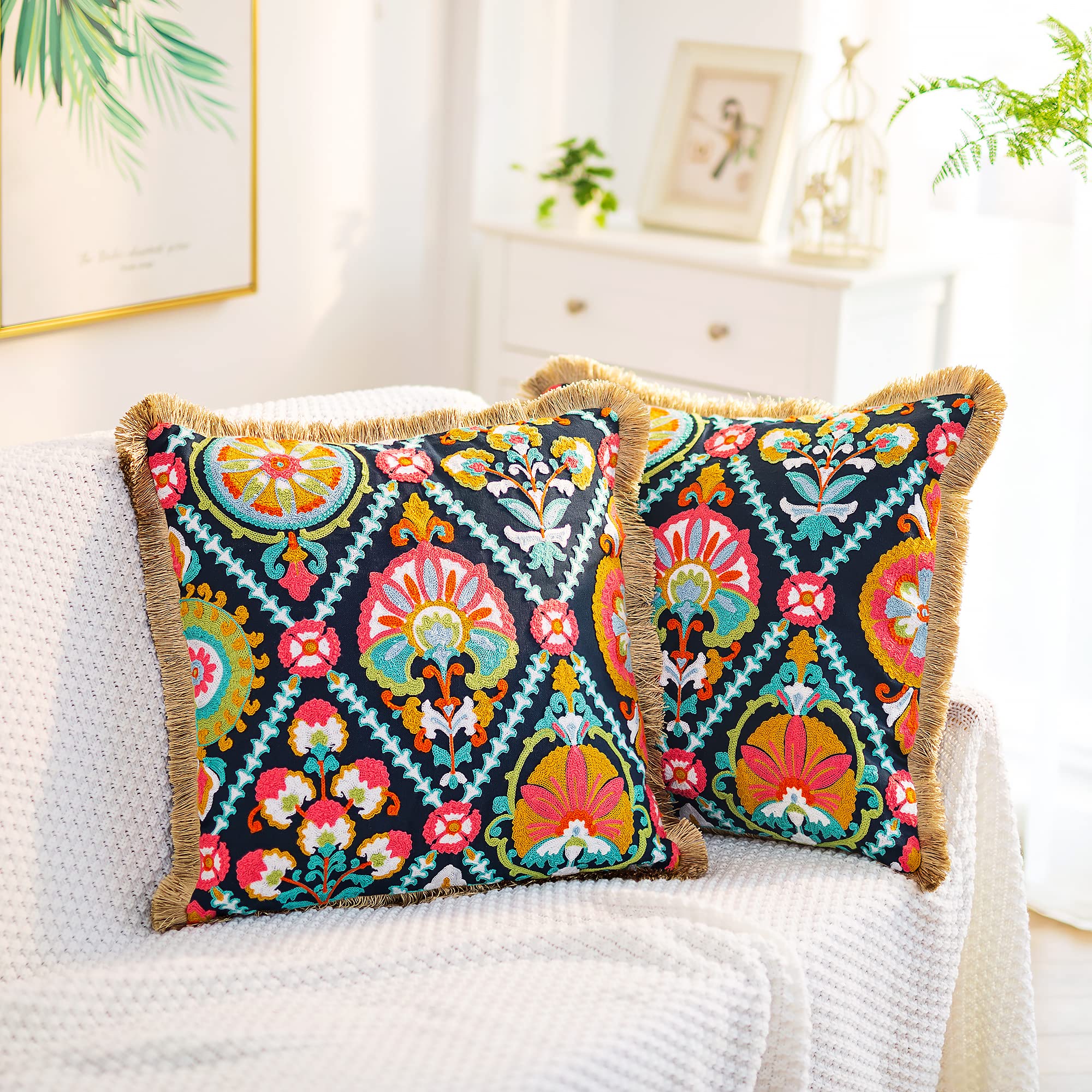 Embroidered Boho Blue Throw Pillow Cover — 18"