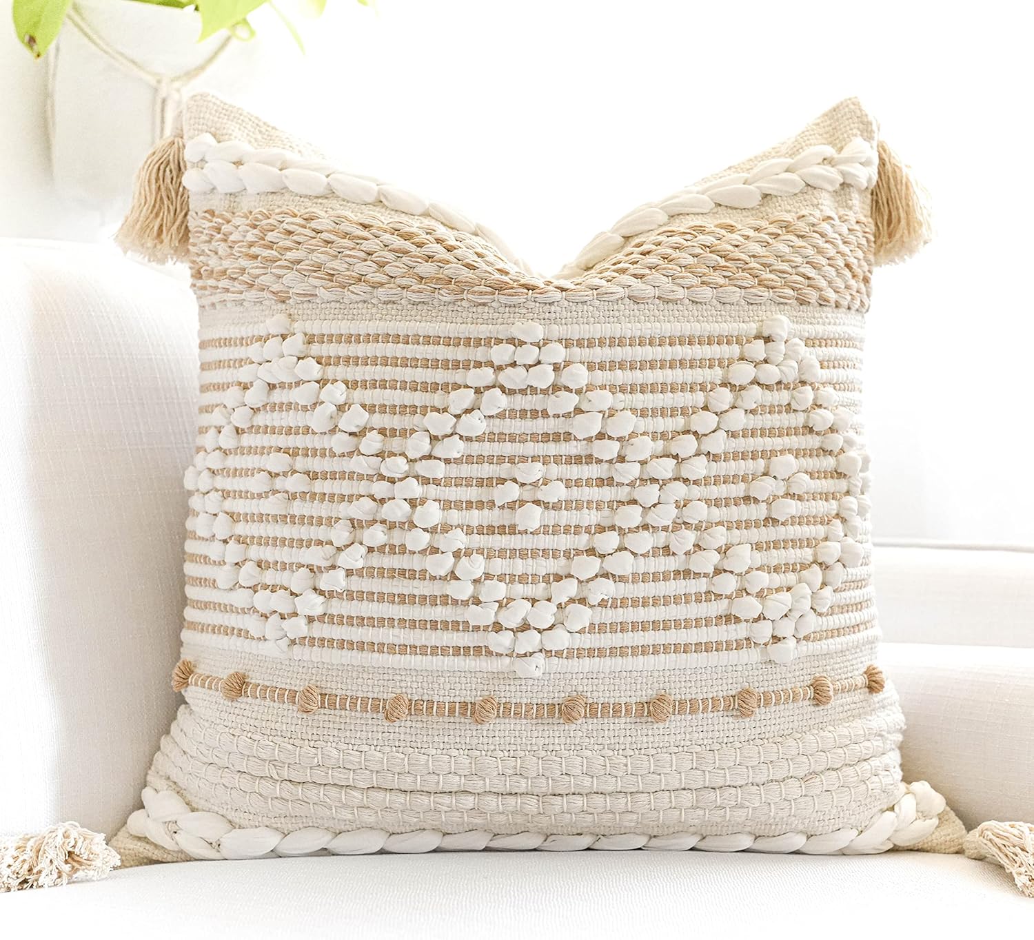 Lumbar Boho Beige Throw Pillow Cover — 36" — 20" x 20" (Pack of 1)