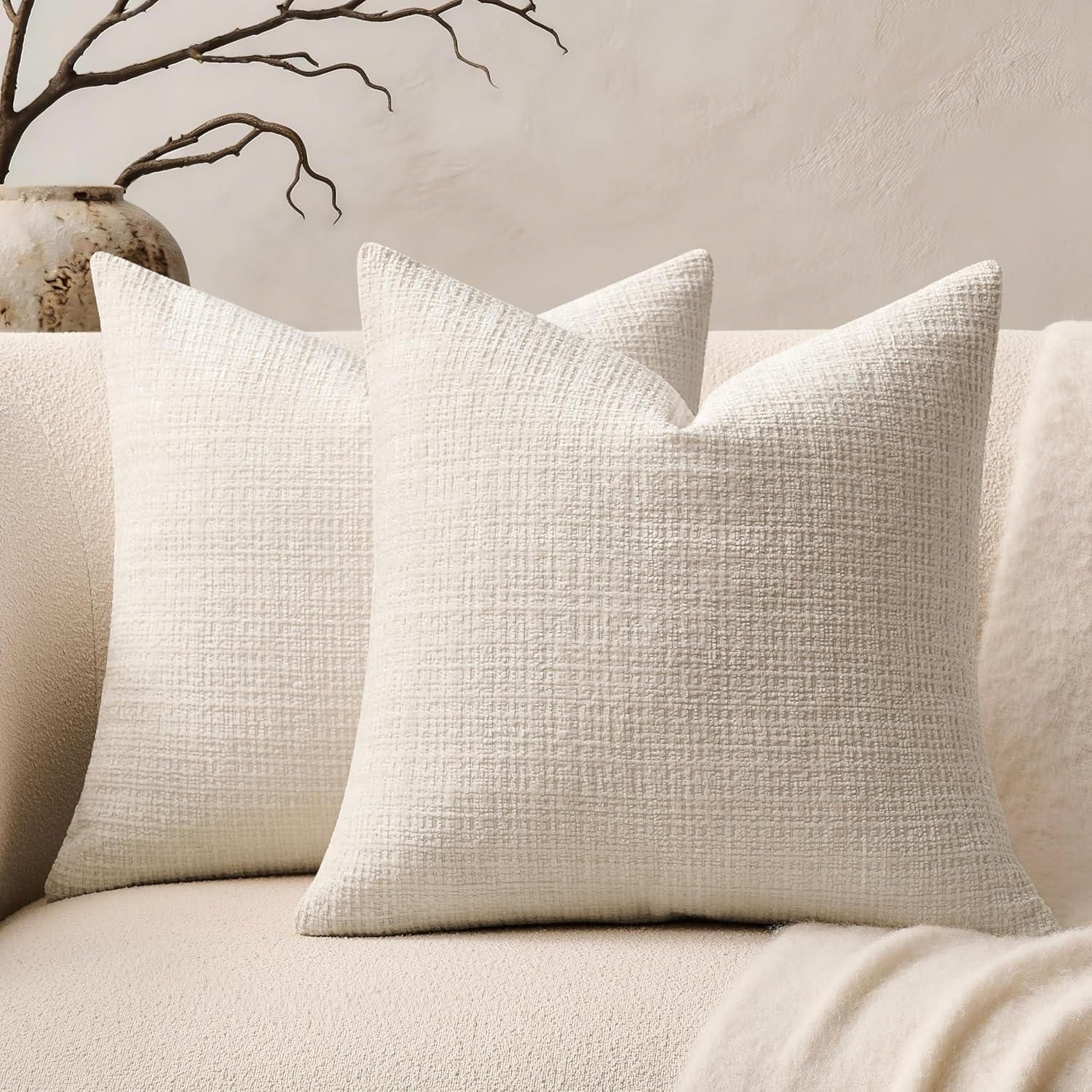 Chenille Boho Blue Throw Pillow Cover — 20" — Ivory